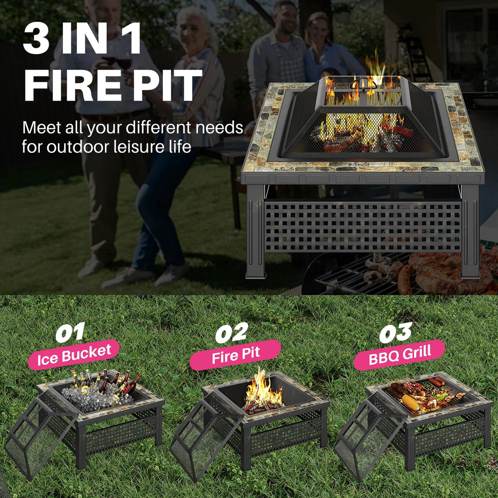3-in-1 Outdoor Fire Pit with BBQ Grill & Ice Bucket – 30" Square Slate Design