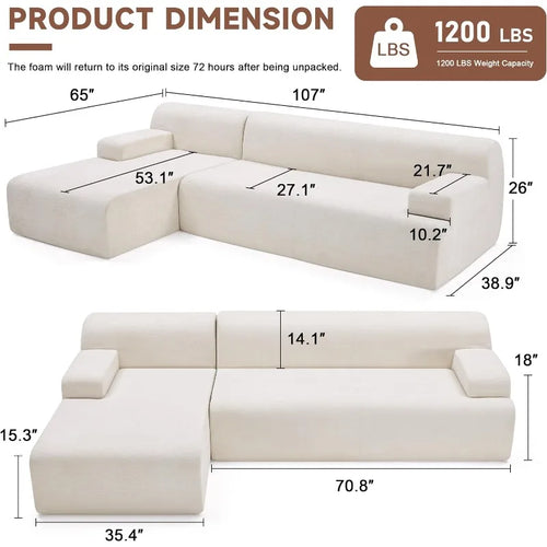 107" L-Shaped Modular Cloud Sofa with High-Density Foam
