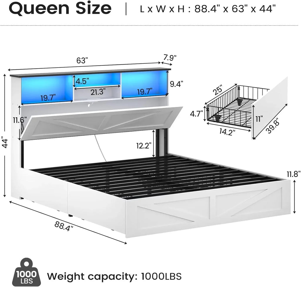 Farmhouse Queen Bed Frame with LED & 4 Drawers | White Storage Bed