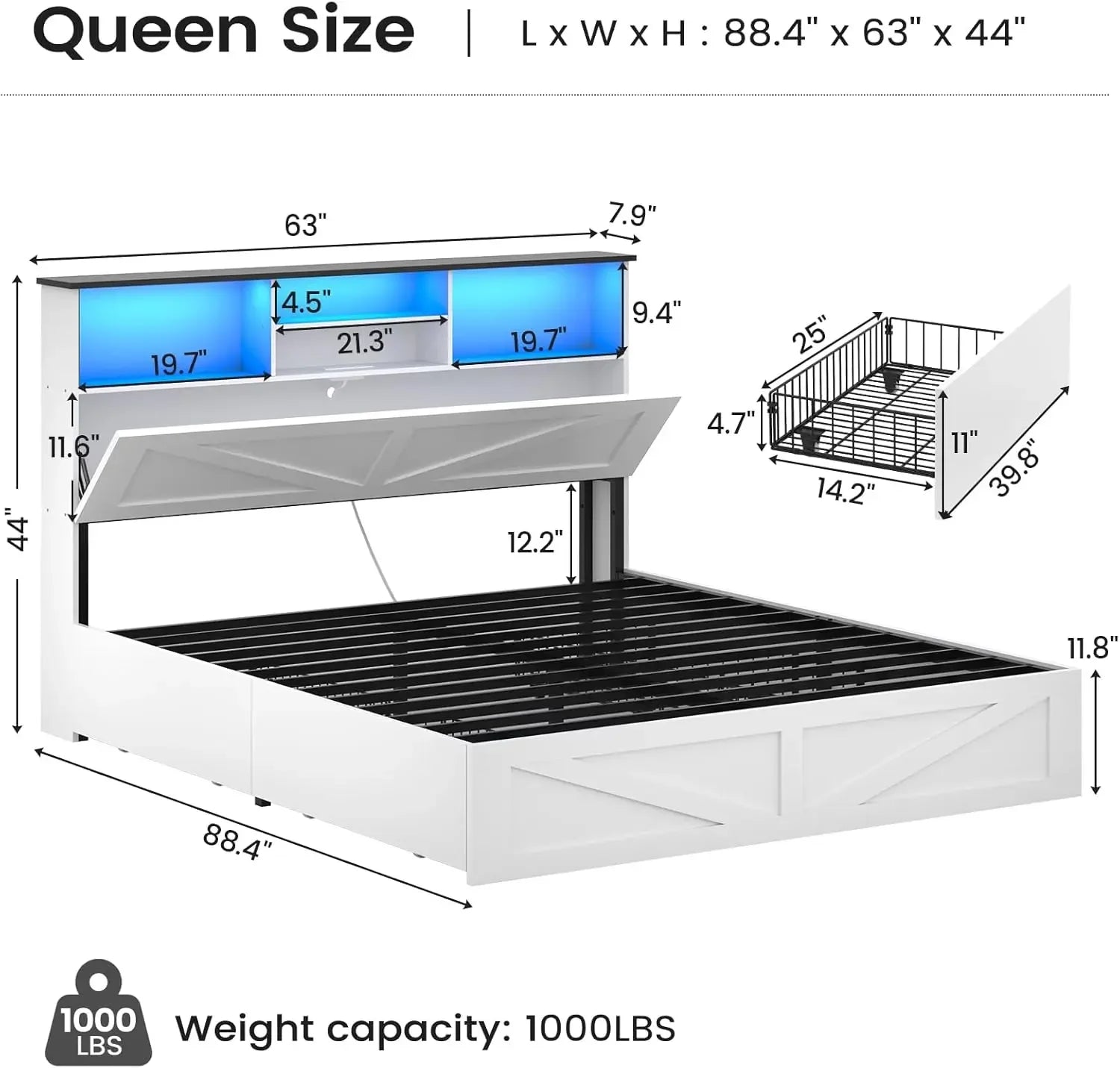 Farmhouse Queen Bed Frame with LED & 4 Drawers | White Storage Bed