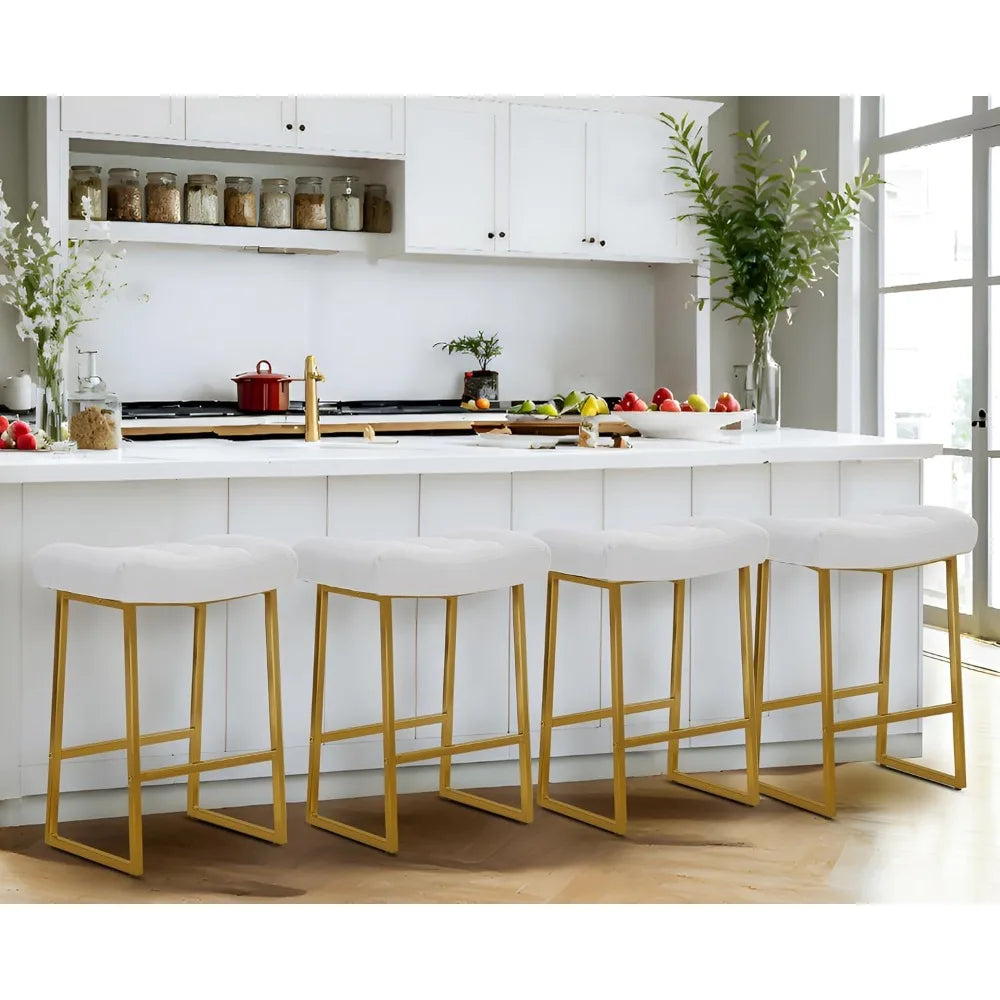 Modern Saddle Bar Stool – Upholstered Faux Leather, Gold Base