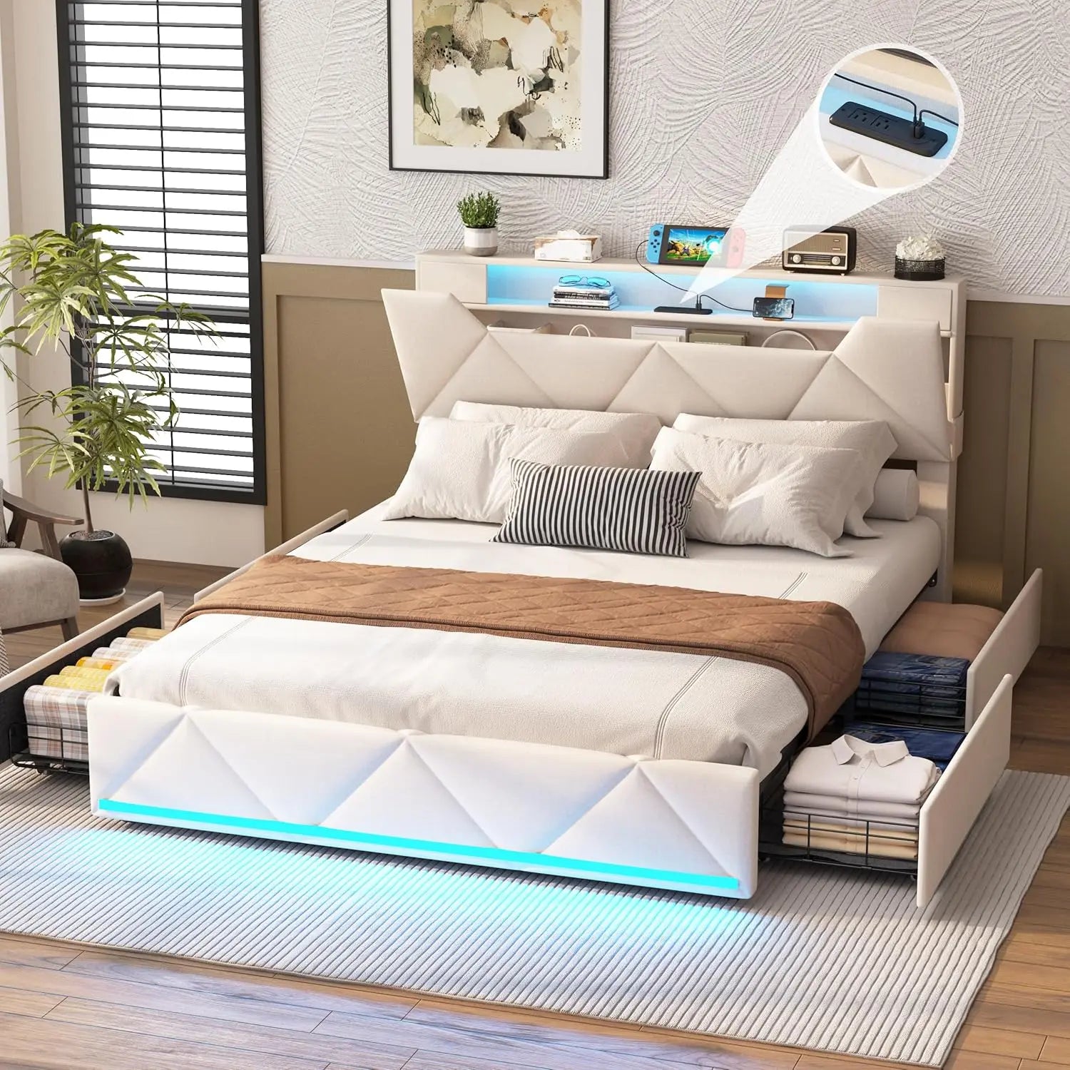 Queen Bed Frame with Storage, LED Lights & Built-in Charging Station