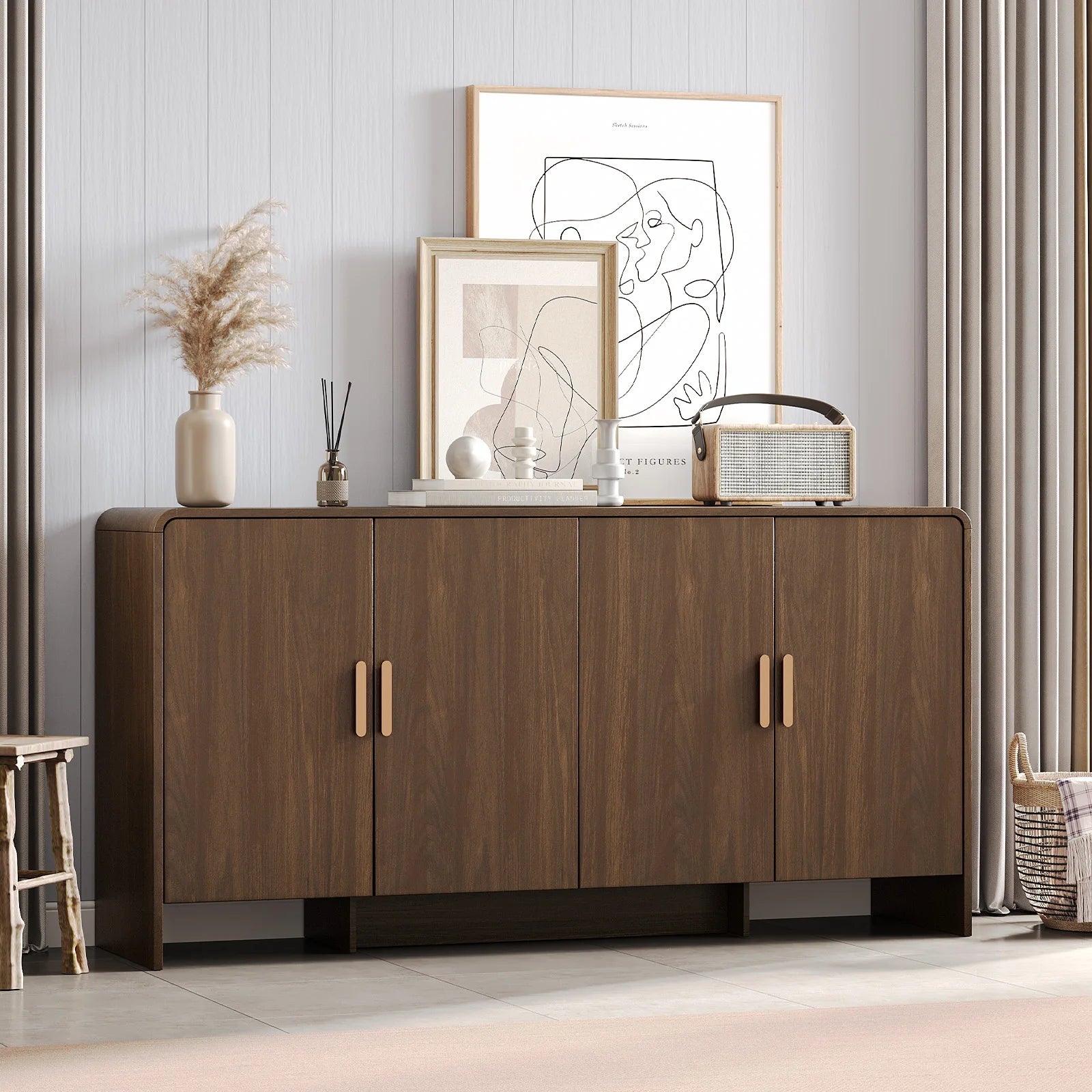 60" Rustic Curved Buffet Cabinet with Storage & Adjustable Shelves