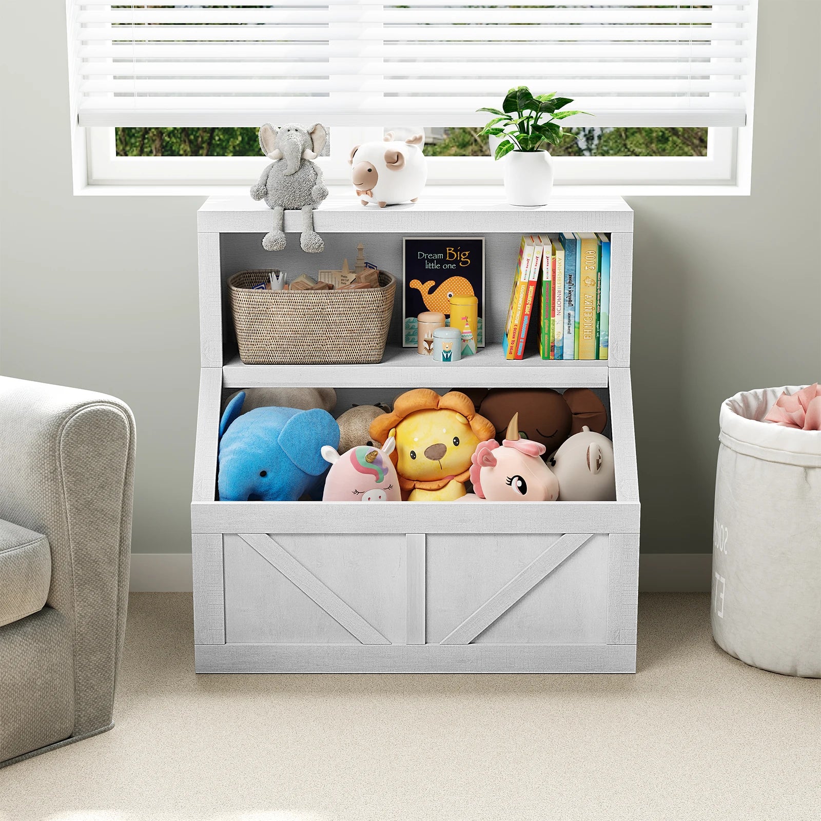 ids Bookshelf – Toy & Book Storage, Engineered Wood, Vintage White/Grey