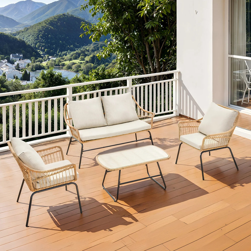4 Piece Patio Wicker Loveseat Sets, & End Table, 2 Outdoor Rattan Chairs with Glass Top Table Boho Patio Furniture Set for Garde