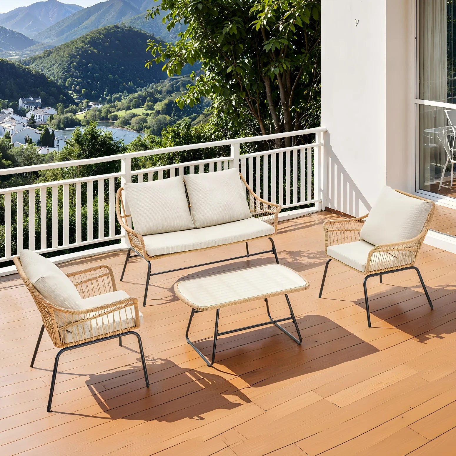 4 Piece Patio Wicker Loveseat Sets, & End Table, 2 Outdoor Rattan Chairs with Glass Top Table Boho Patio Furniture Set for Garde