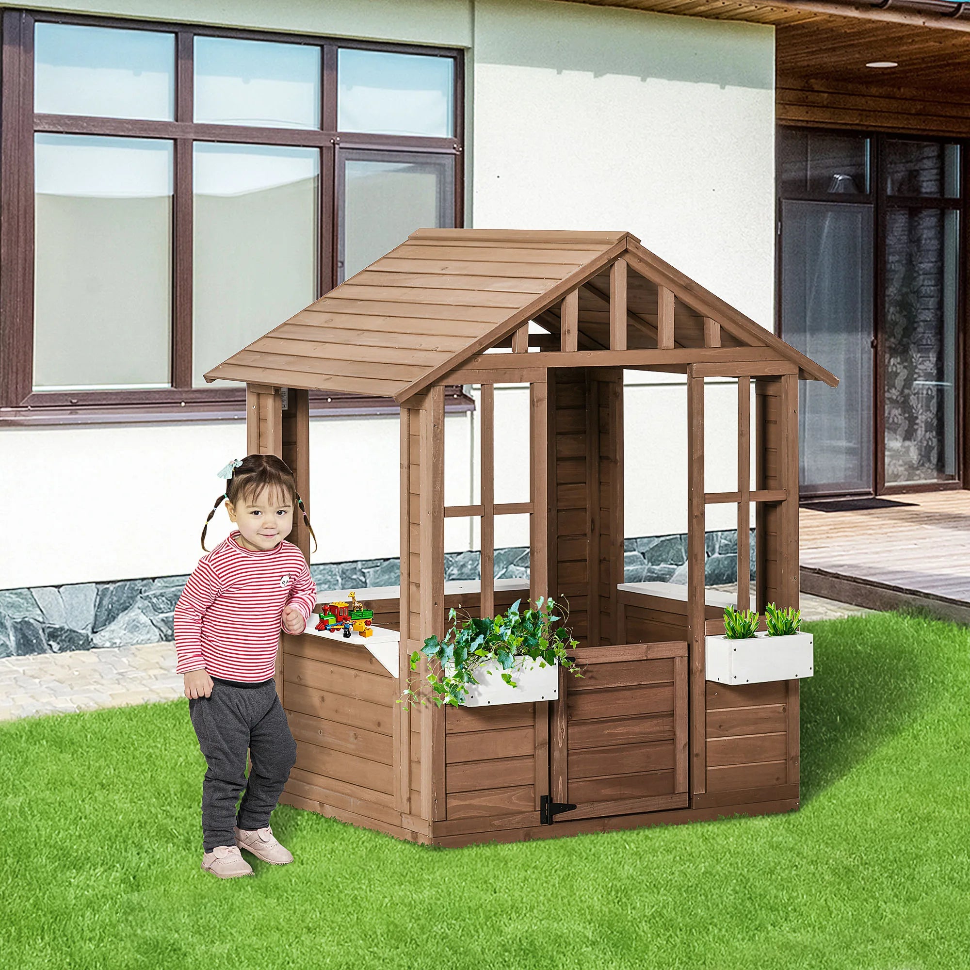 Outsunny Kids Wooden Outdoor Playhouse  Fir Wood, Serving Station & Flowerpot Holders