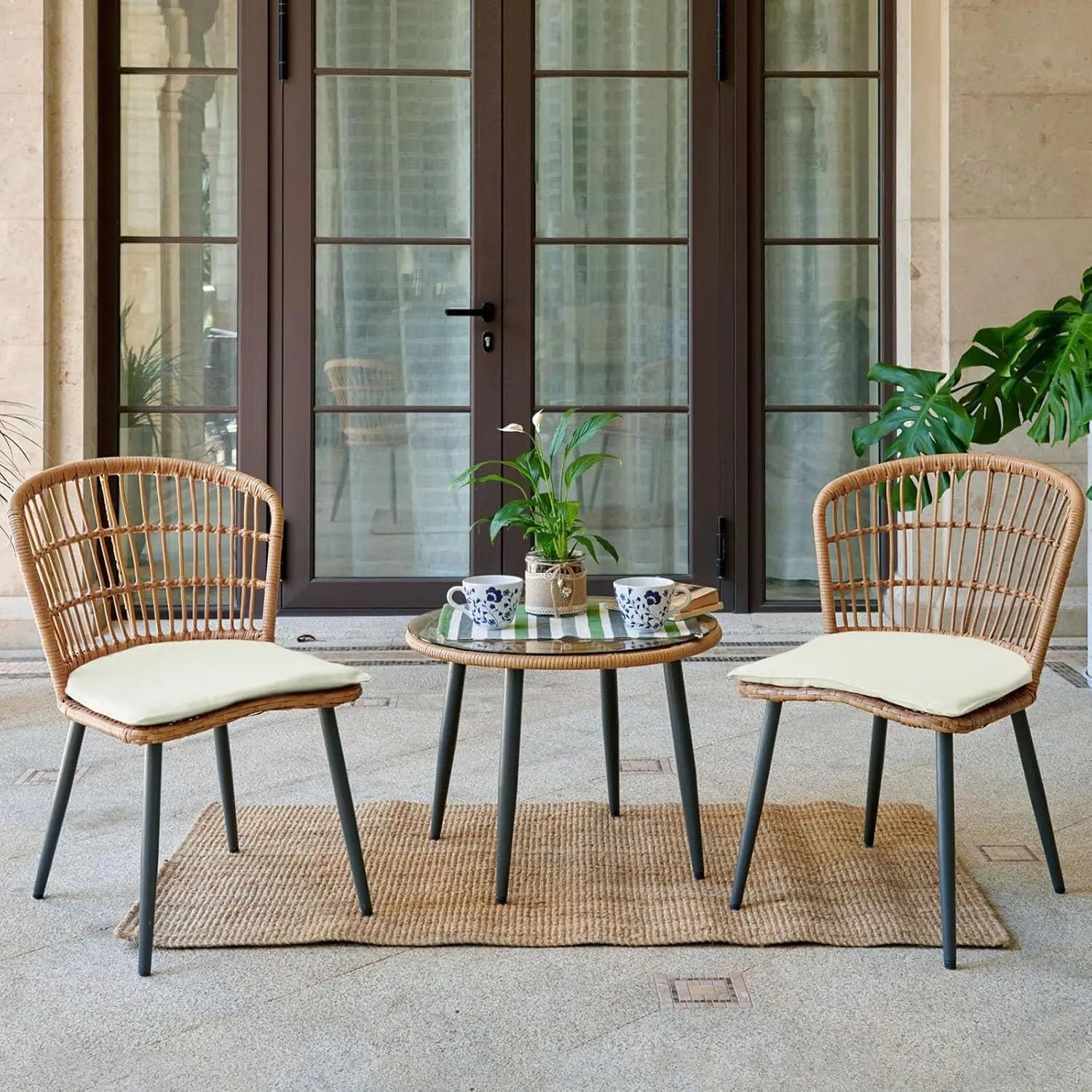 3-Piece Patio Bistro Set with Cushions & Glass Side Table – ANGDUO