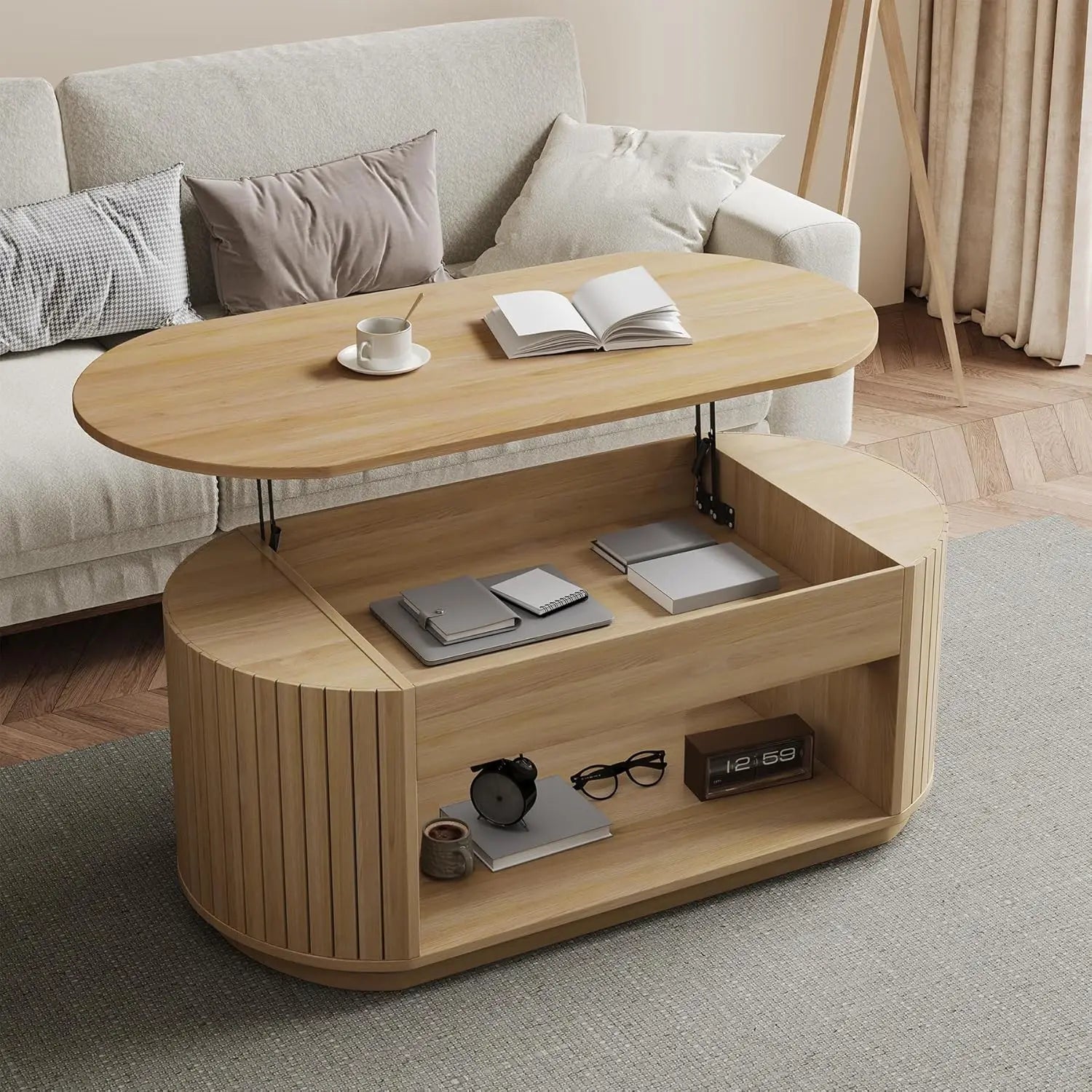 Minimalist Modern Oval Coffee Table 47" with Lift-Top