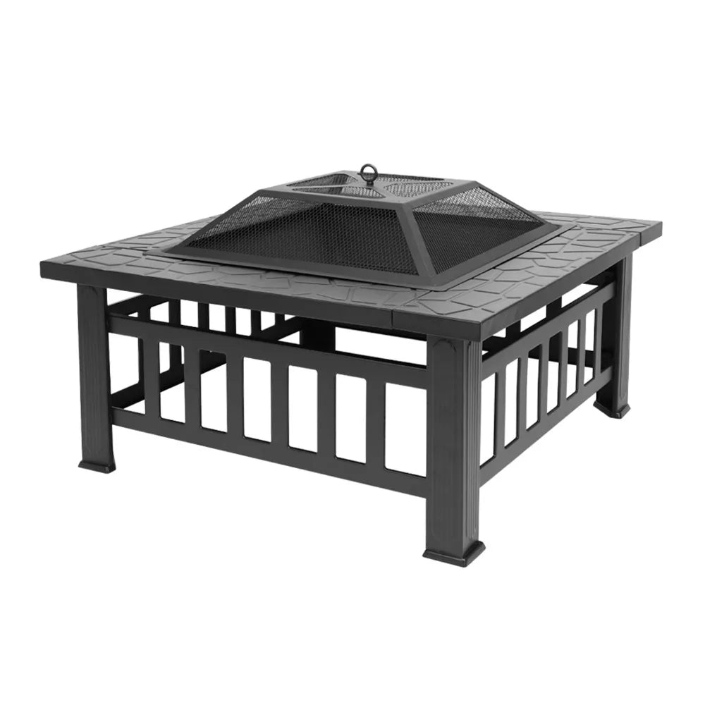 Outdoor Square Fire Pit with Mesh Lid & Poker – 32" Black Metal