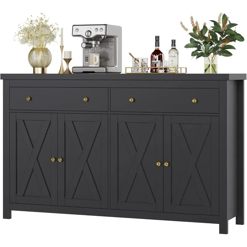 Sideboard Buffet Cabinet With Storage, 55" Large Kitchen Storage Cabinet With 2 Drawers And 4 Doors, Wood Coffee Bar Buf