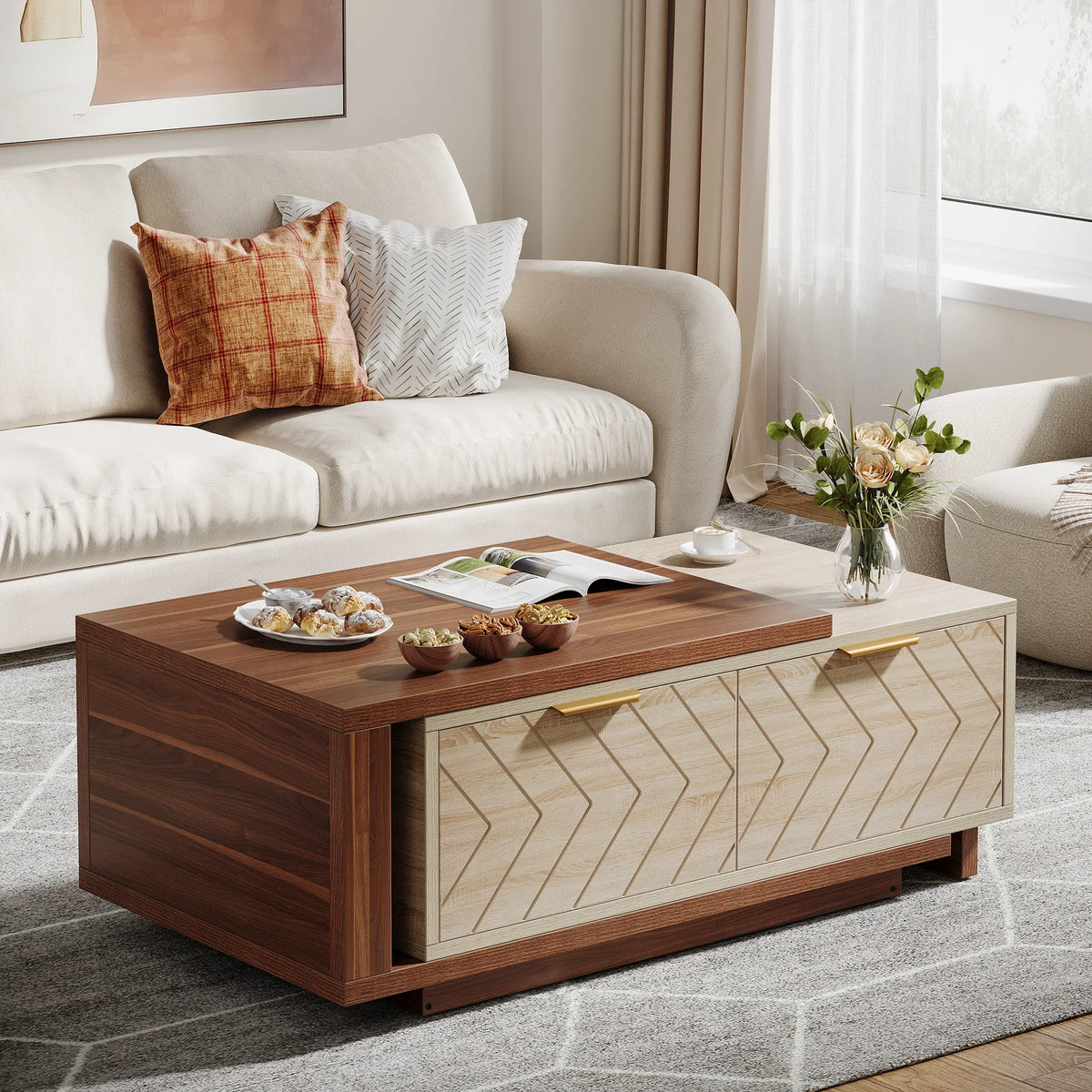 ONBRILL Modern Two-Tone Coffee Table with Storage Drawers
