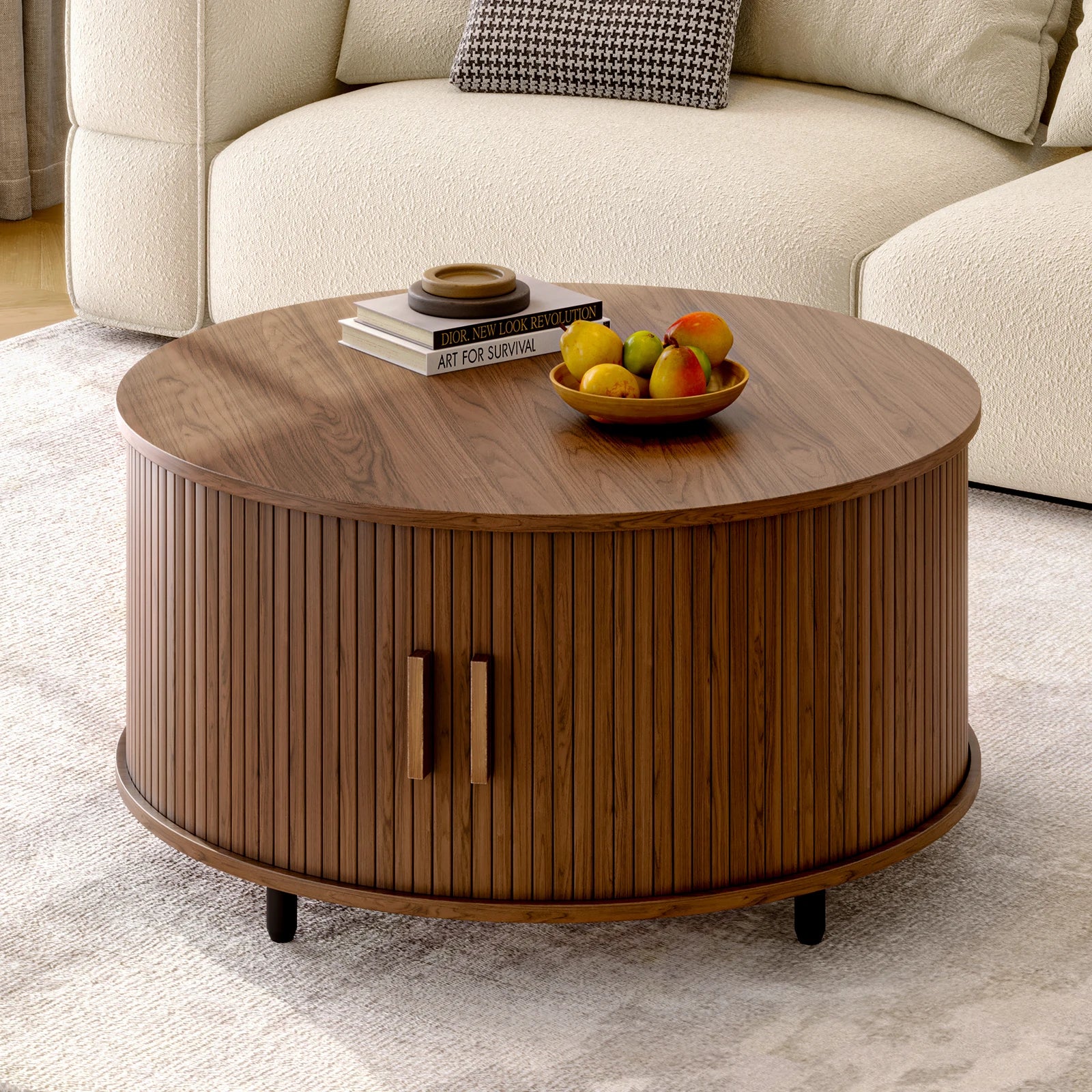 ONBRILL Modern Round Coffee Table with 360° Sliding Door