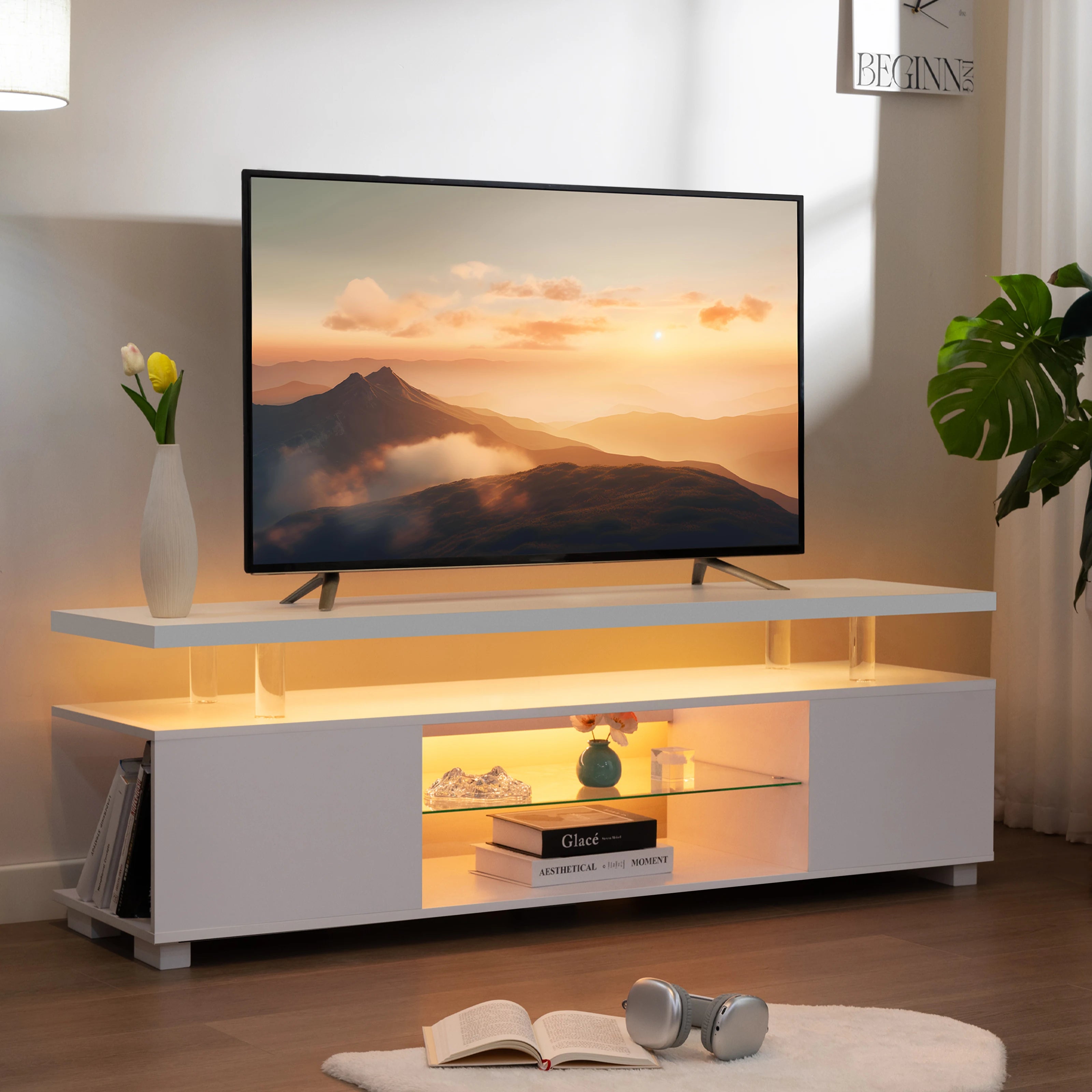 VDC  TV Entertainment Center LED TV Stand, Gaming Center for 60 65 70inch TV, Modern TV Stand with Storage, TV Console for Ga
