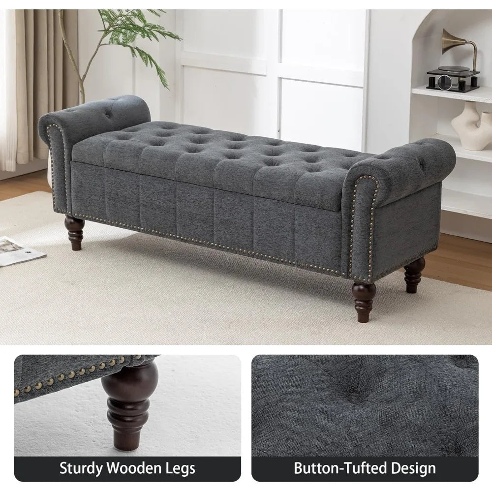 HUANZHUANG 58" Velvet Storage Bench – Modern Ottoman for Queen Bed, Solid Wood & Oak Legs