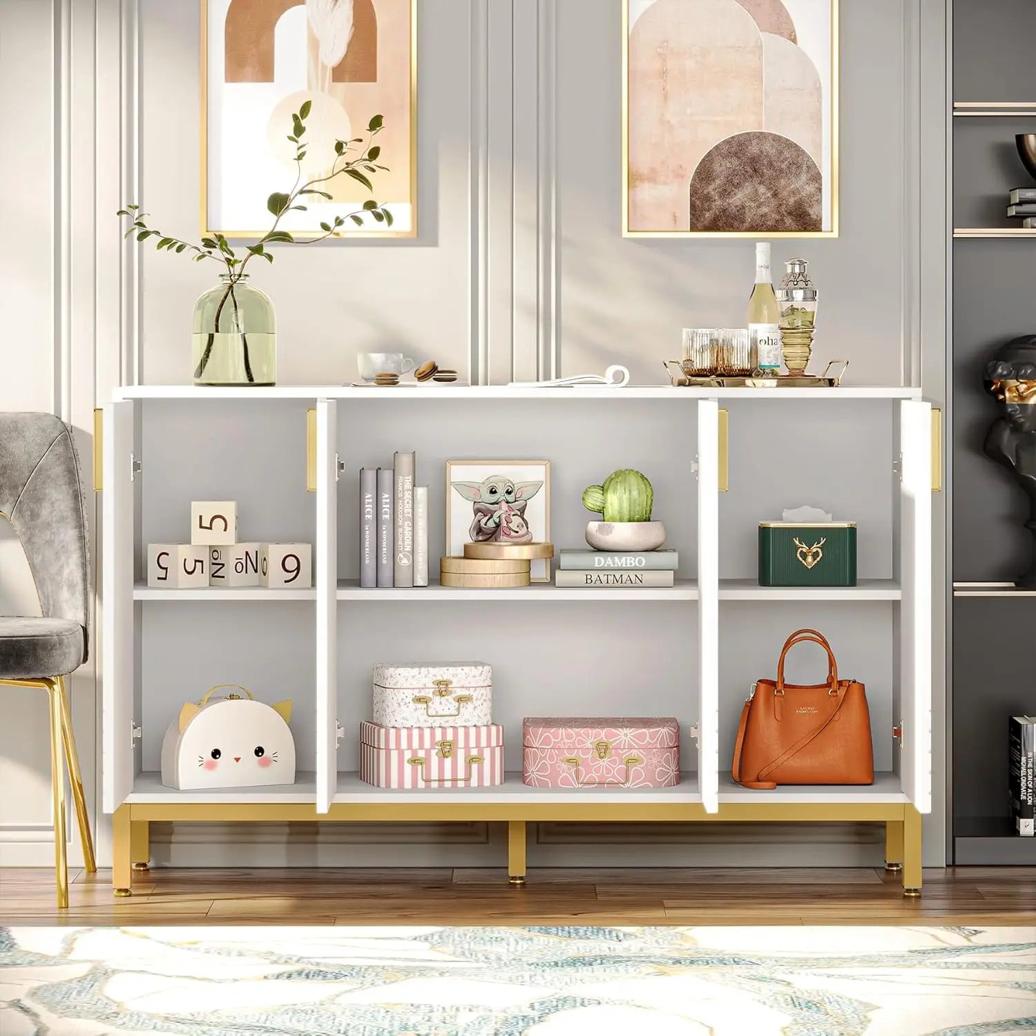 Modern White Storage Cabinet with Gold Accents