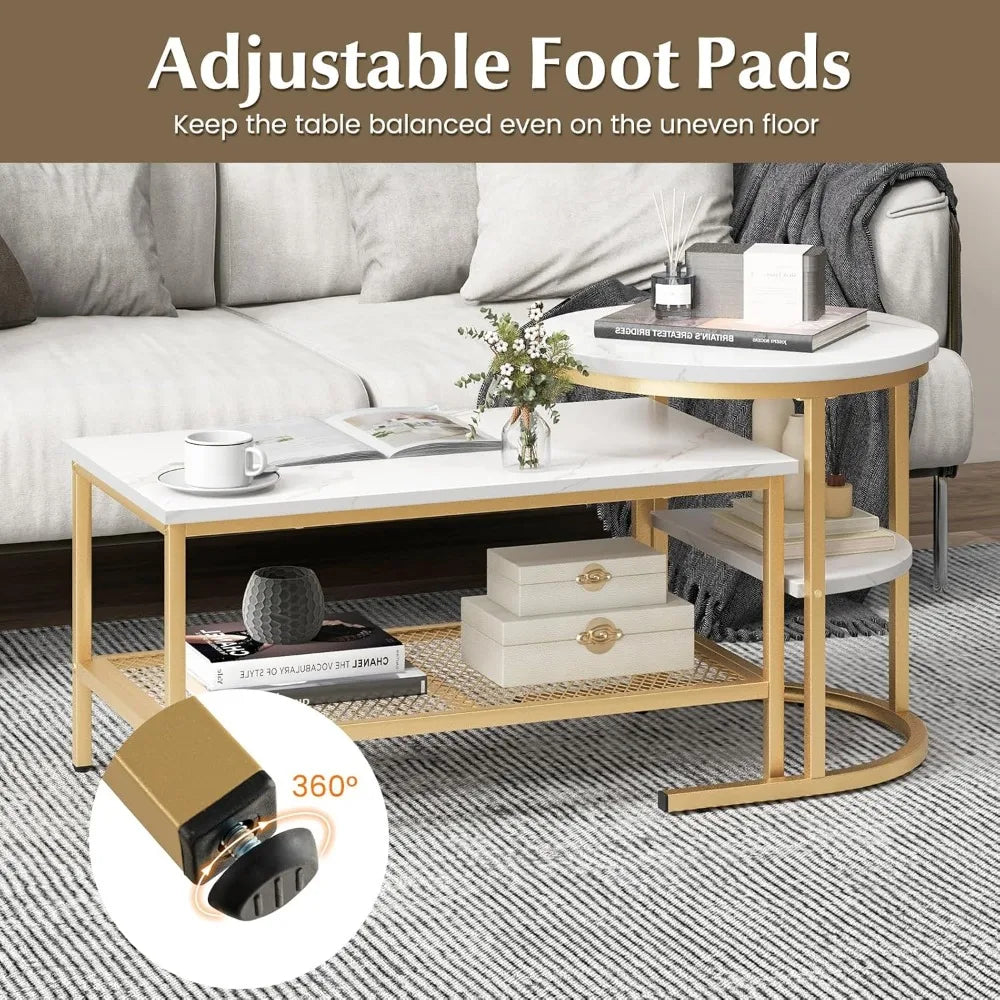 2-in-1 Gold Nesting Coffee & Side Table Set with Faux Marble Top