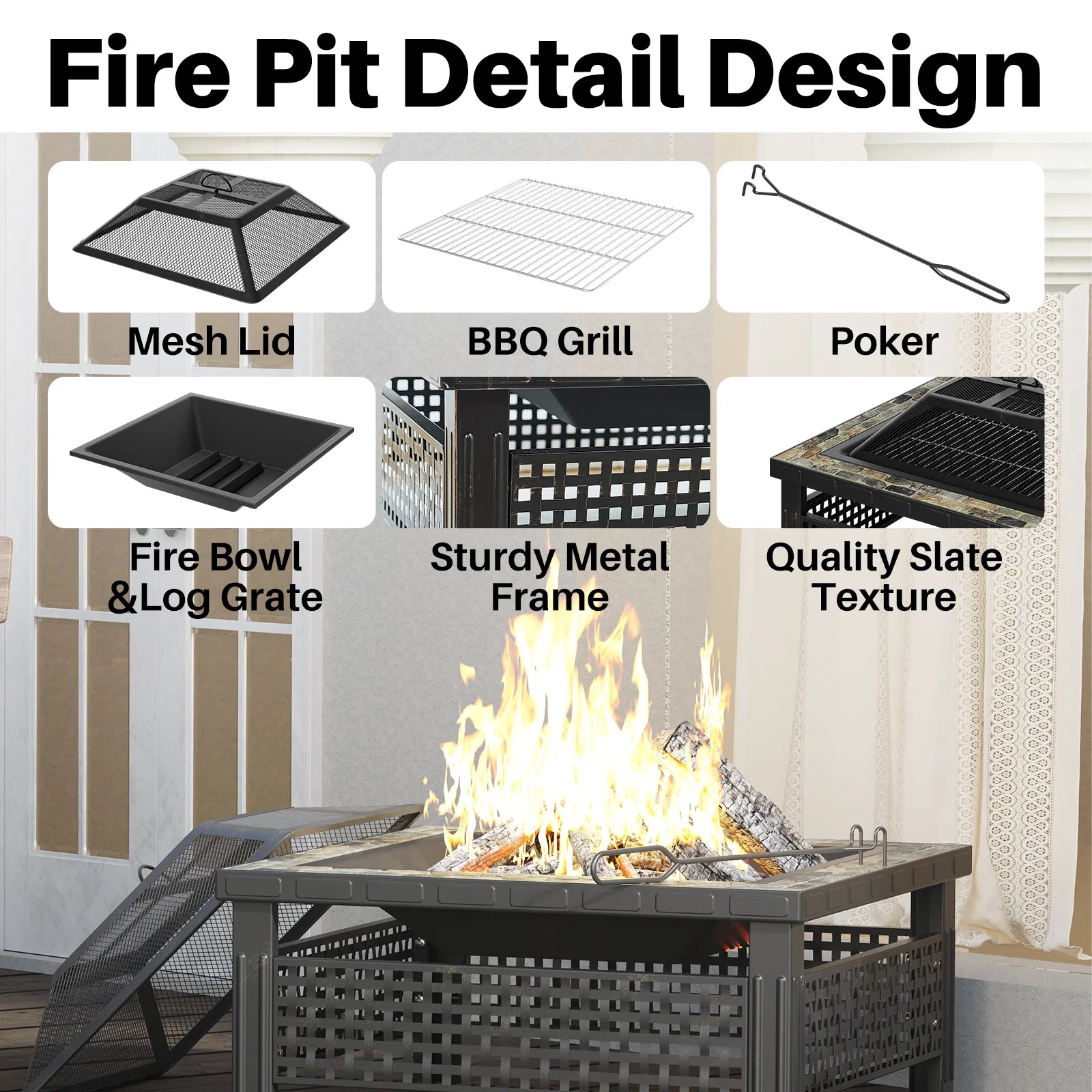 3-in-1 Outdoor Fire Pit with BBQ Grill & Ice Bucket – 30" Square Slate Design