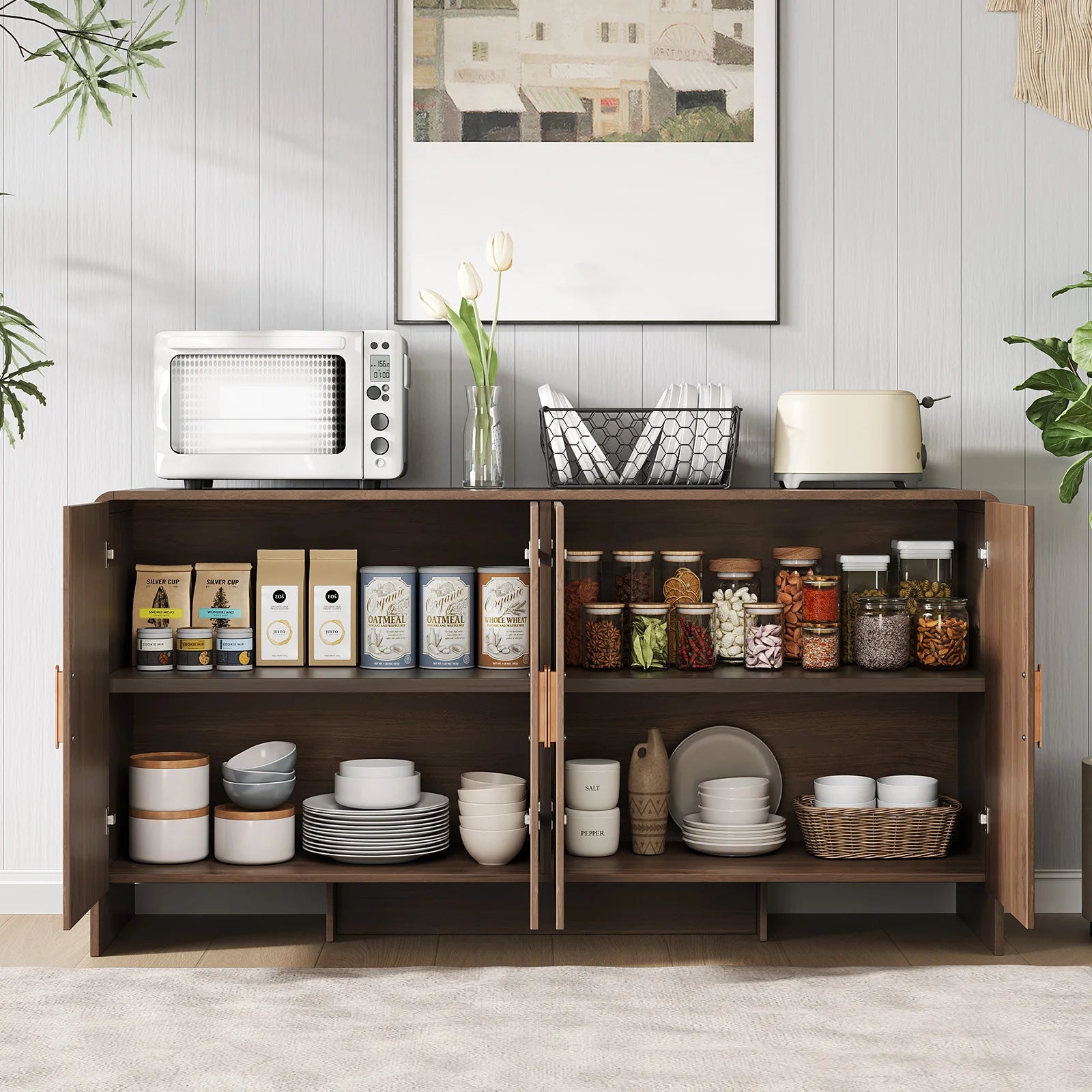 60" Rustic Curved Buffet Cabinet with Storage & Adjustable Shelves