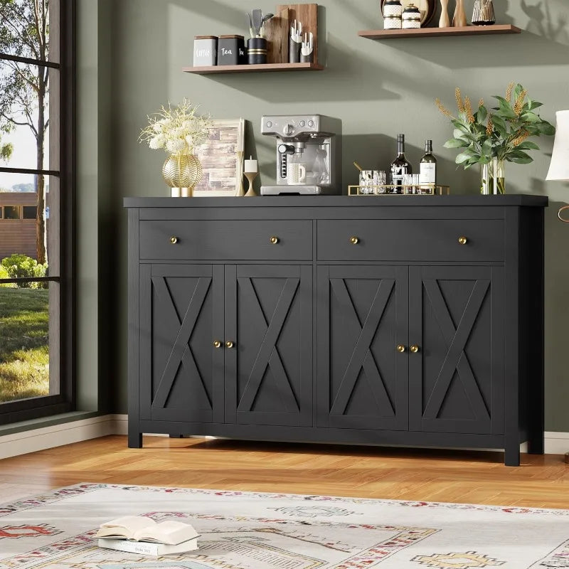 Sideboard Buffet Cabinet With Storage, 55" Large Kitchen Storage Cabinet With 2 Drawers And 4 Doors, Wood Coffee Bar Buf