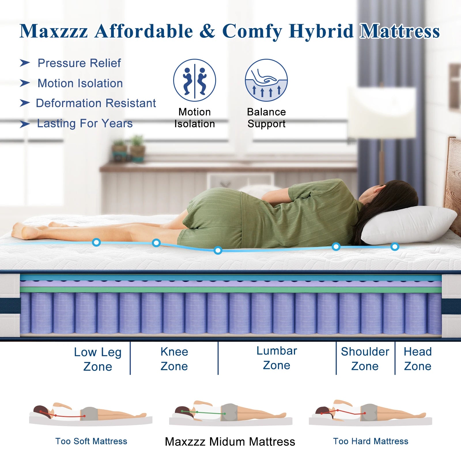 Maxzzz Firm Hybrid Mattress – USA Made, Eurotop, Memory Foam & Pocket Spring, 9-12 Inch