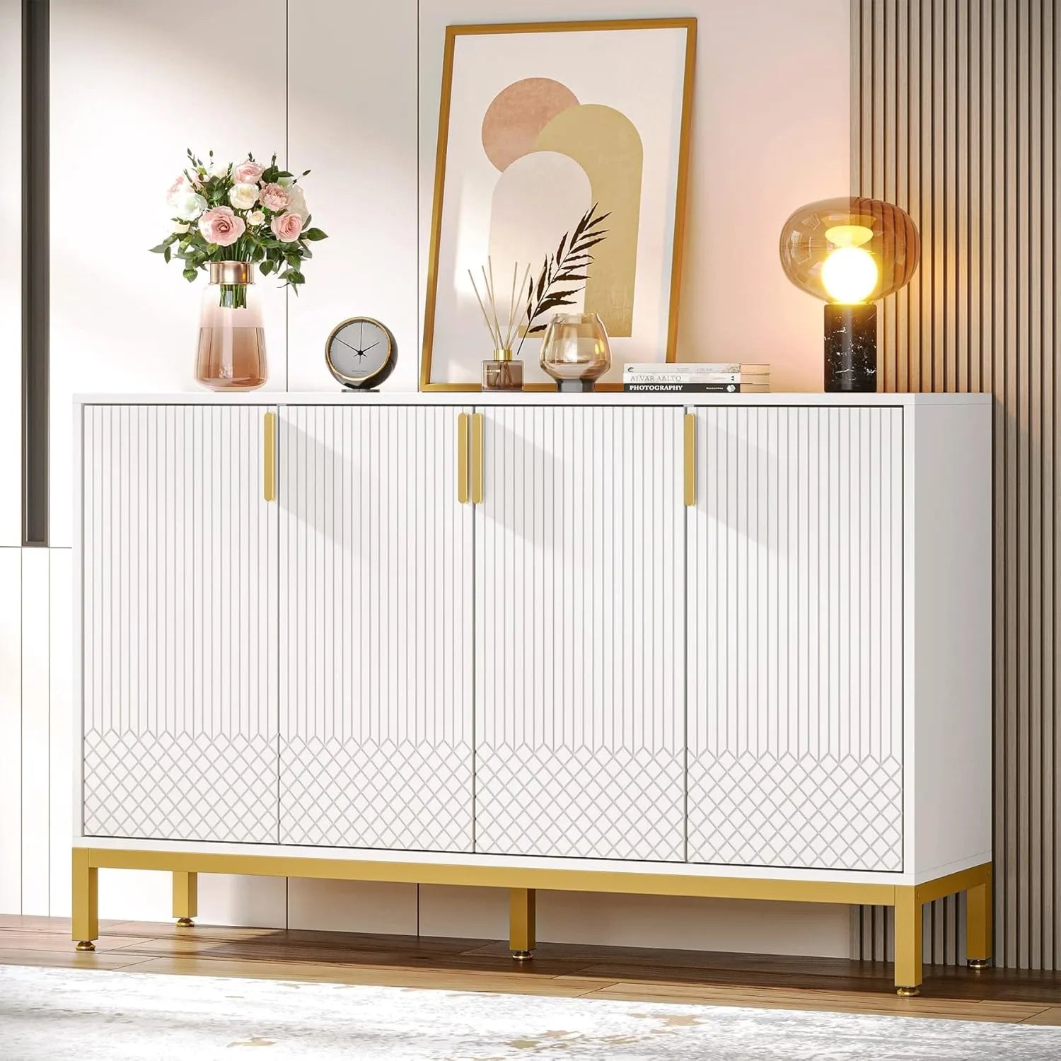 Modern White Storage Cabinet with Gold Accents