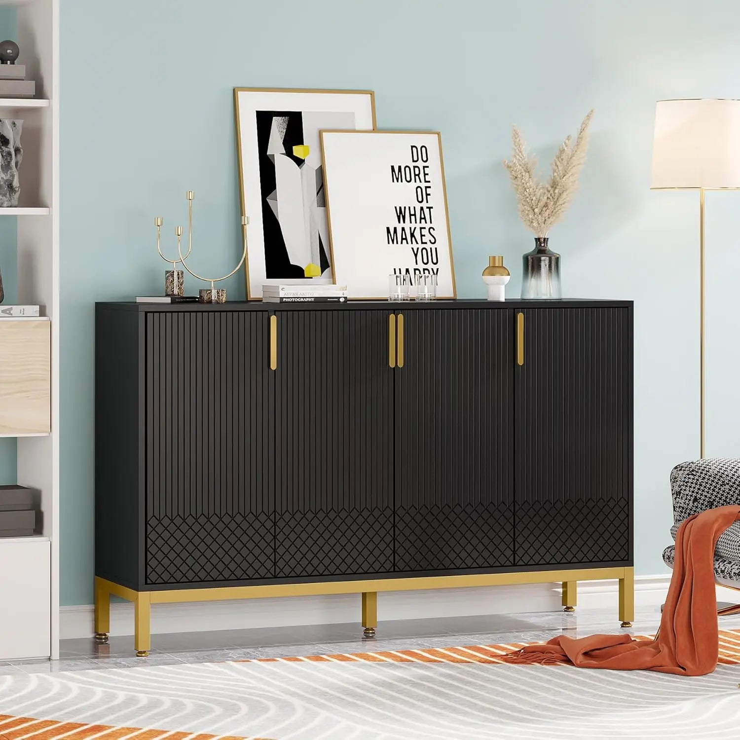 Modern White Storage Cabinet with Gold Accents