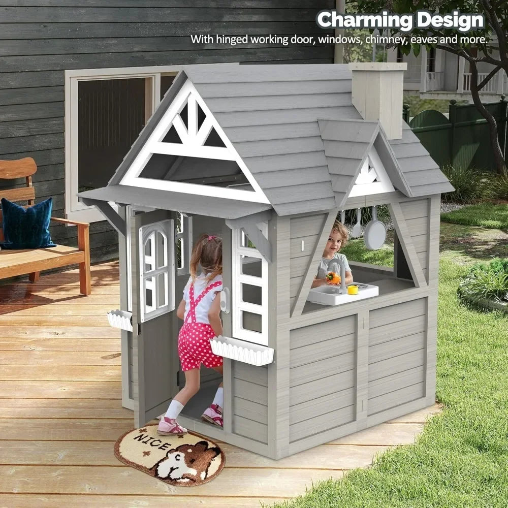 Children’s Outdoor Playhouse with Kitchen, Doorbell & Chalkboard – Fir Wood & Plastic