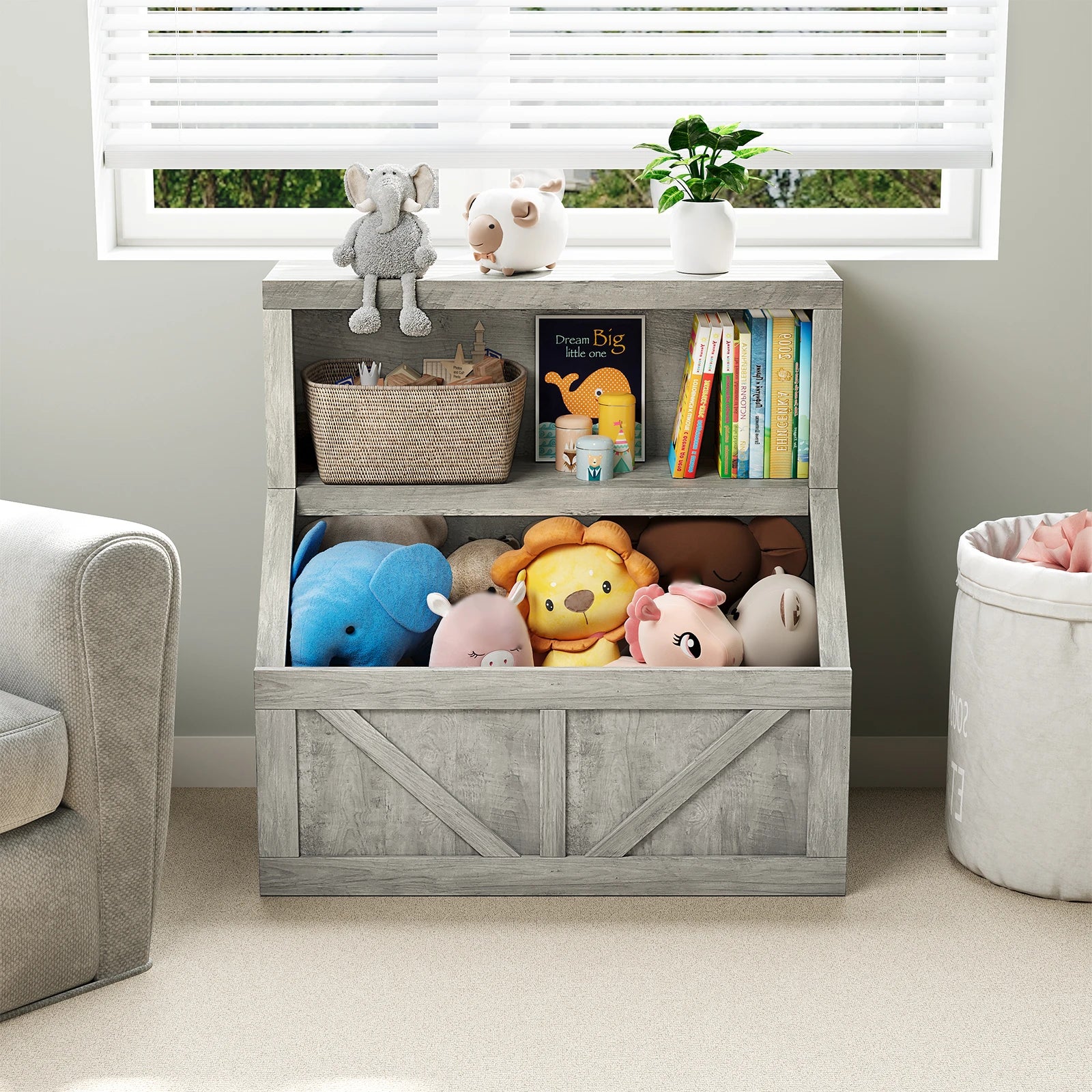ids Bookshelf – Toy & Book Storage, Engineered Wood, Vintage White/Grey