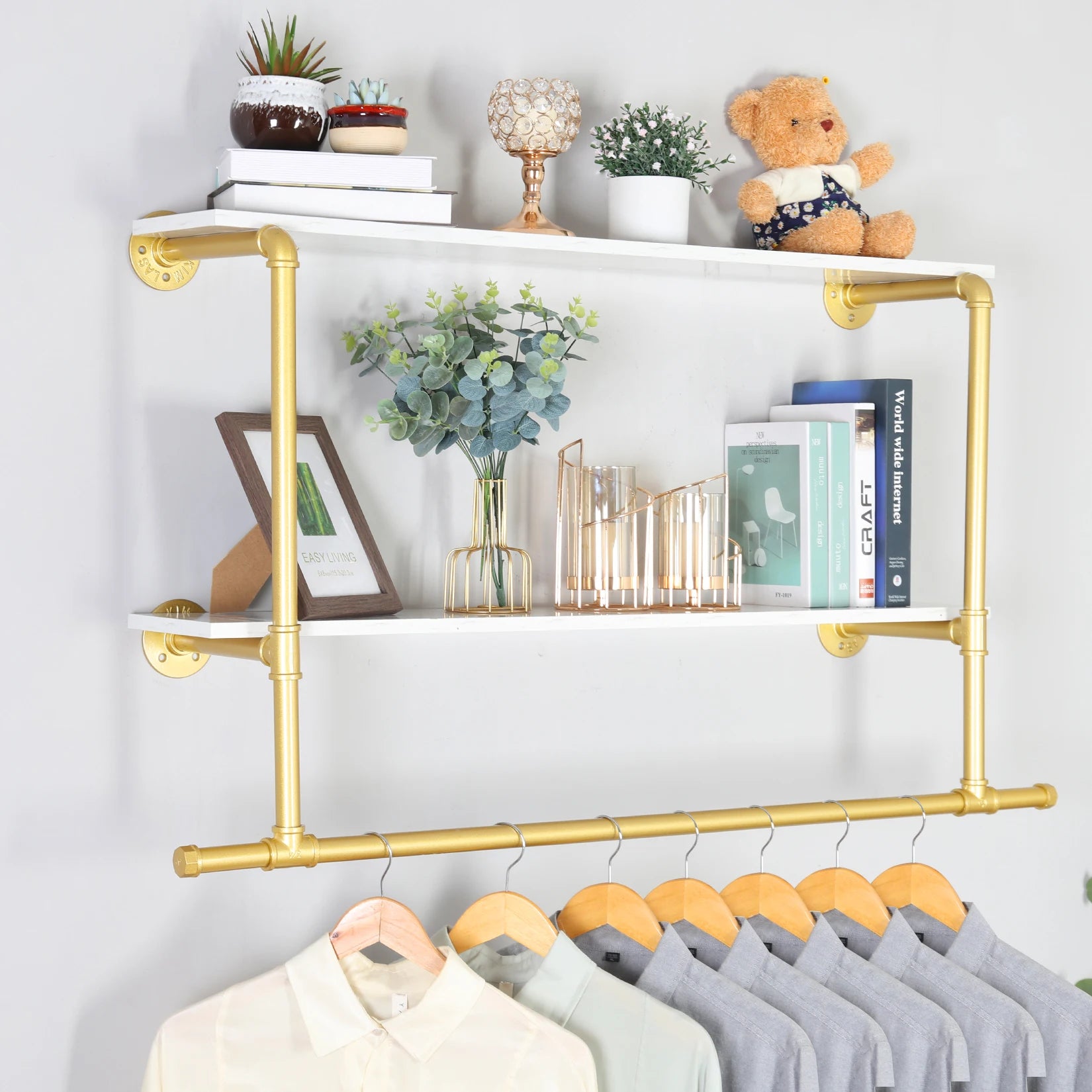 45.7” Industrial Pipe Clothing Rack with 2-Tier Shelf – Wall-Mounted Organizer