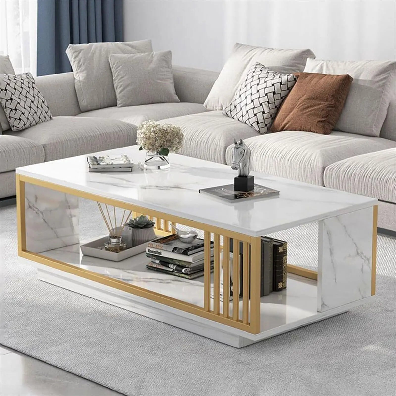 Modern White & Gold Coffee Table with Storage Shelf