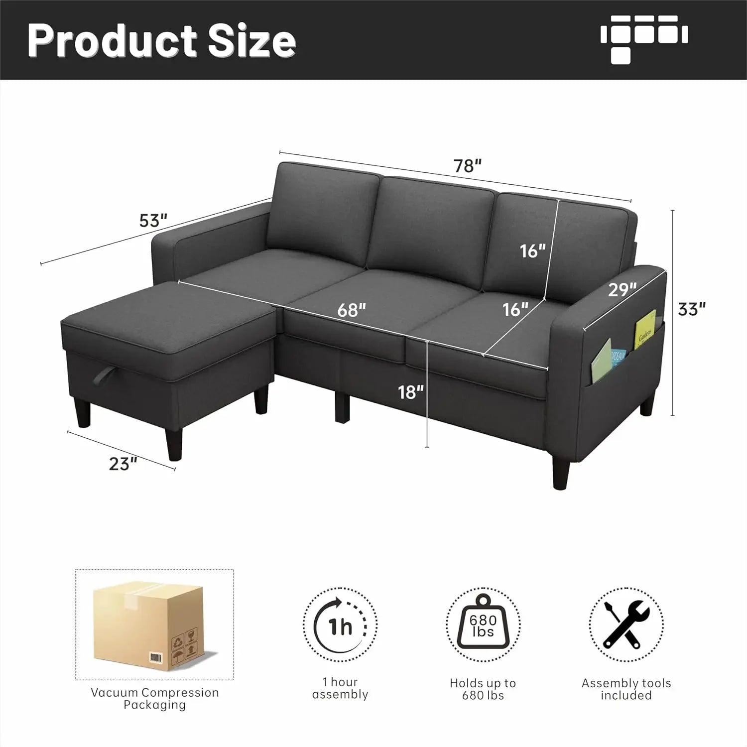 78" Dark Gray L-Shaped Linen Sectional Sofa – Pet-Friendly & Adjustable