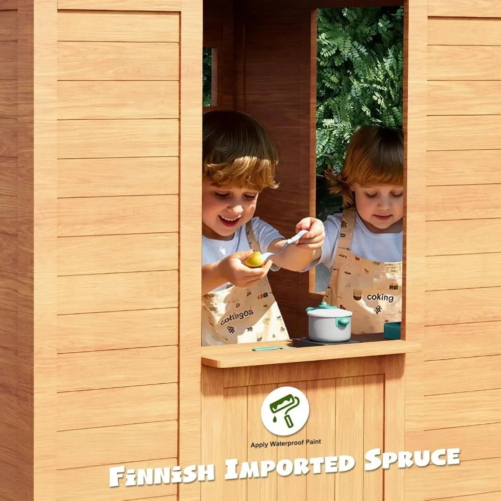 Outdoor Kids Playhouse | Wooden Toddler Playhouse with Kitchen & Accessories