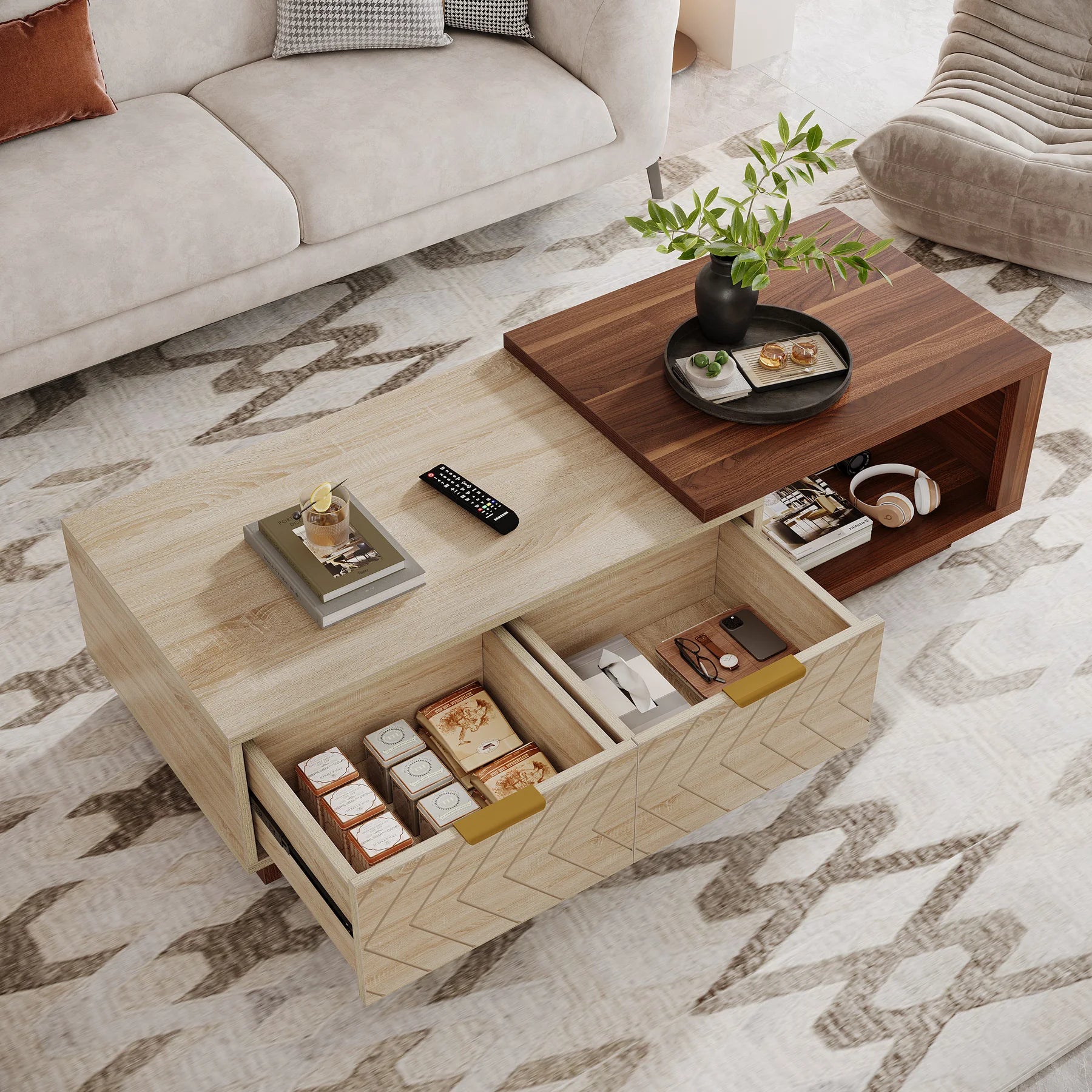ONBRILL Modern Two-Tone Coffee Table with Storage Drawers