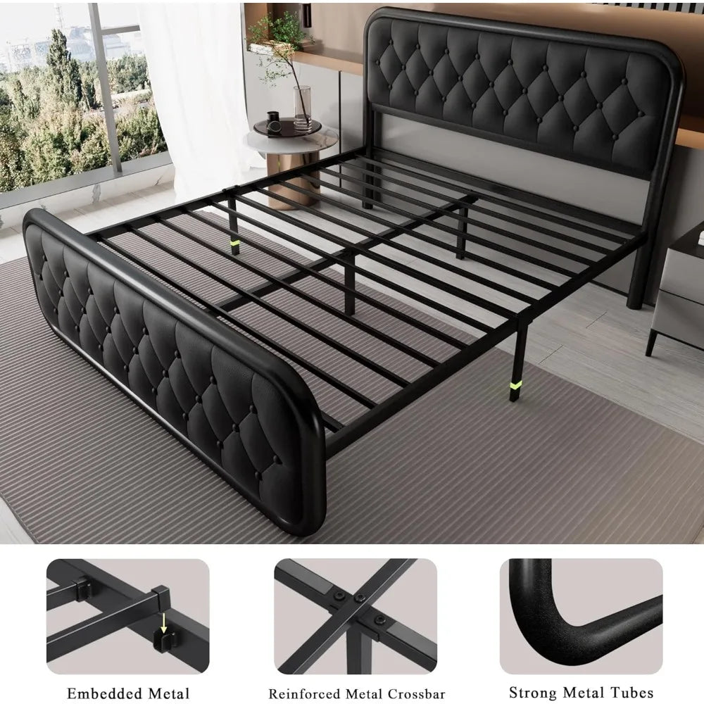 Bed Frame, Heavy Duty Bed Frame with Faux Leather Headboard, Bed with Strong Metal Slats Under-Bed Storage, Easy Assembly