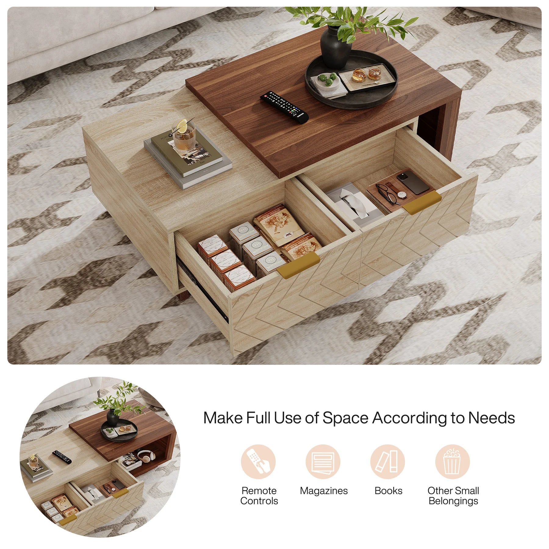 ONBRILL Modern Two-Tone Coffee Table with Storage Drawers