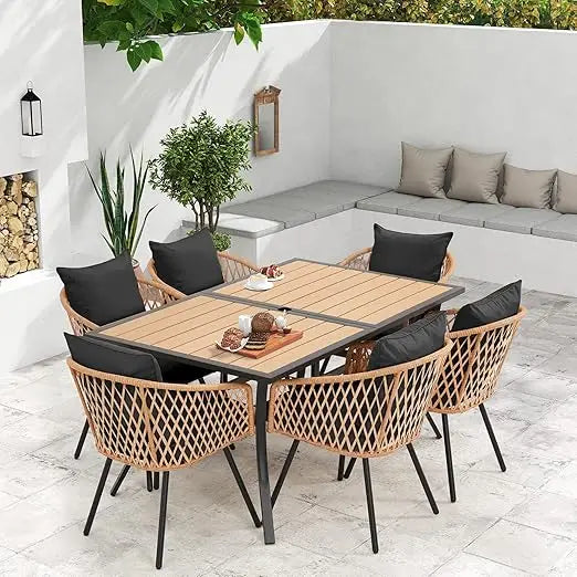 7-Piece Wicker Patio Dining Set with Cushions & Umbrella Hole – Black Rattan