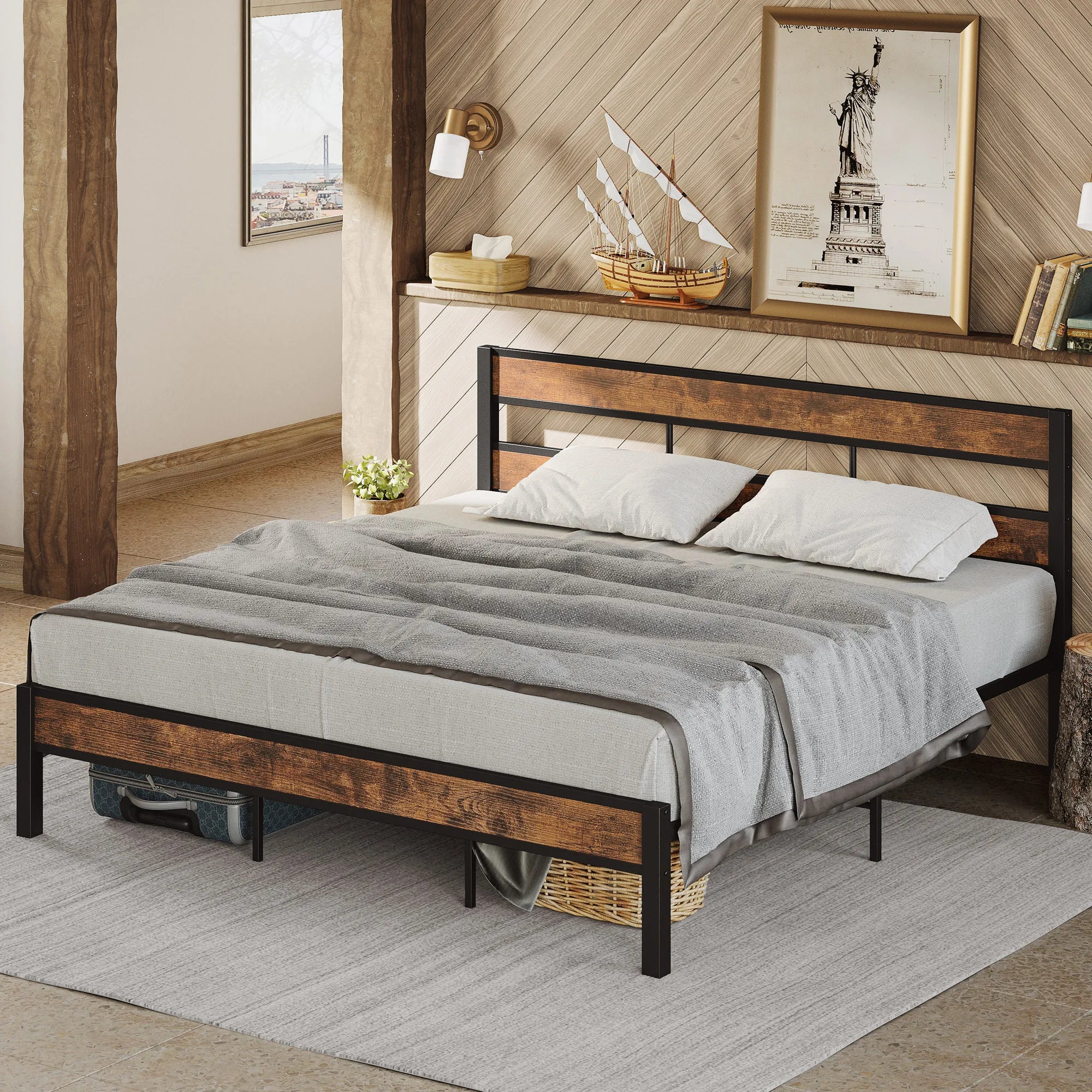 King Bed Frame, Easy Assembly, Noise-Free, No Box Spring Needed, Heavy Strong Metal Support Frames, Double-Row Support Bars, Vin