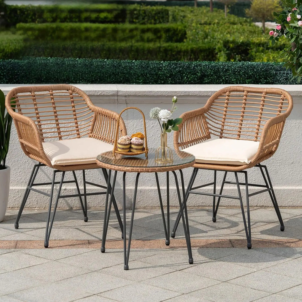 3-Piece Patio Bistro Set with Cushions & Glass Side Table – ANGDUO