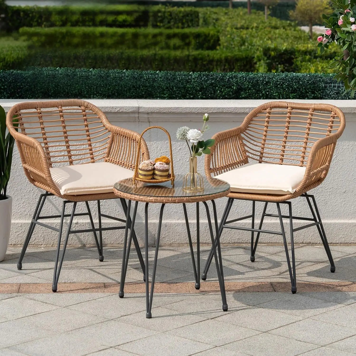 3-Piece Patio Bistro Set with Cushions & Glass Side Table – ANGDUO