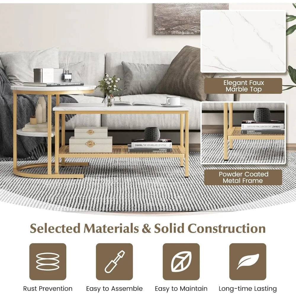 2-in-1 Gold Nesting Coffee & Side Table Set with Faux Marble Top