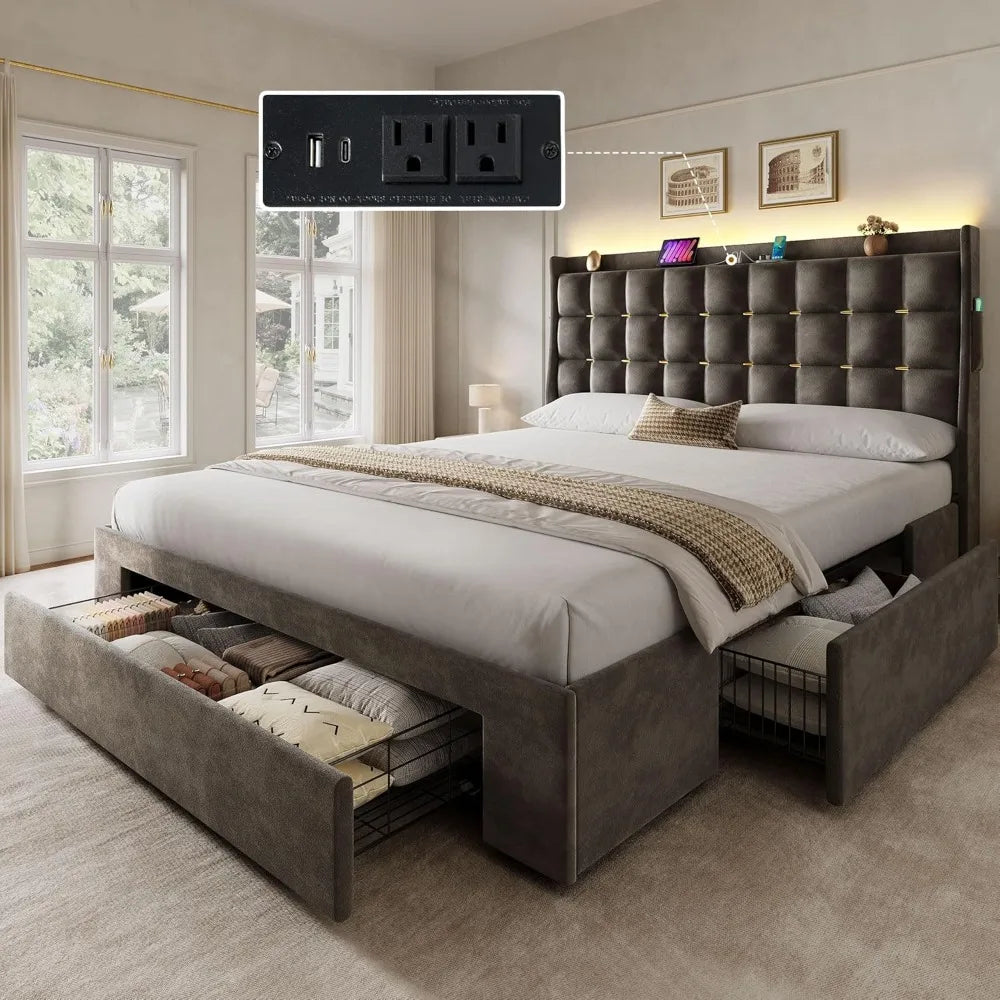 Velvet Queen Bed Frame with LED Lights & Storage  UELV Description: