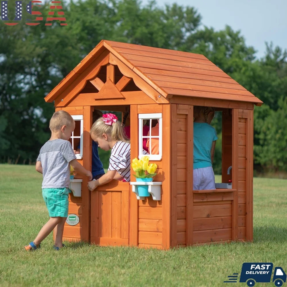Timberlake Wooden Outdoor Playhouse for Kids – Cedar Wood, Snack Bar & Play Kitchen