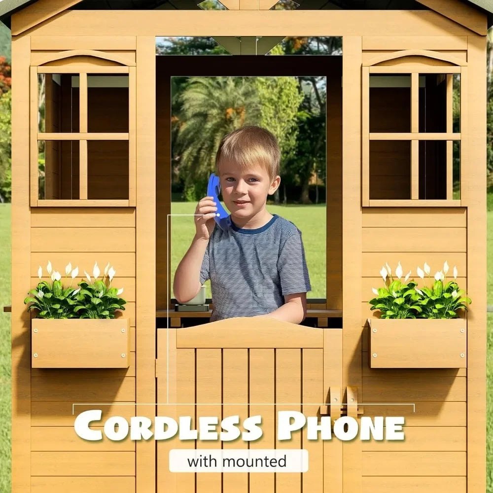 Outdoor Kids Playhouse | Wooden Toddler Playhouse with Kitchen & Accessories