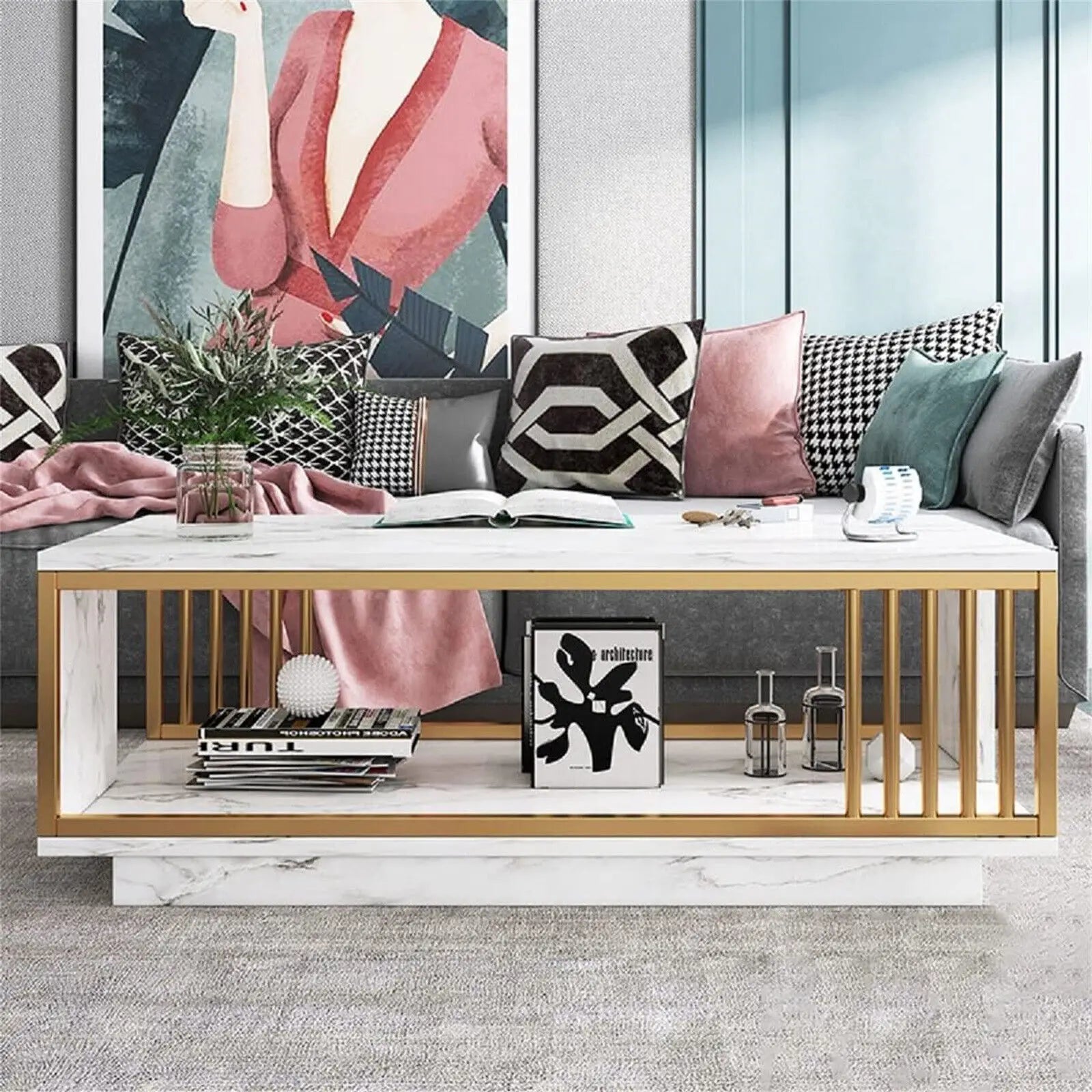 Modern White & Gold Coffee Table with Storage Shelf