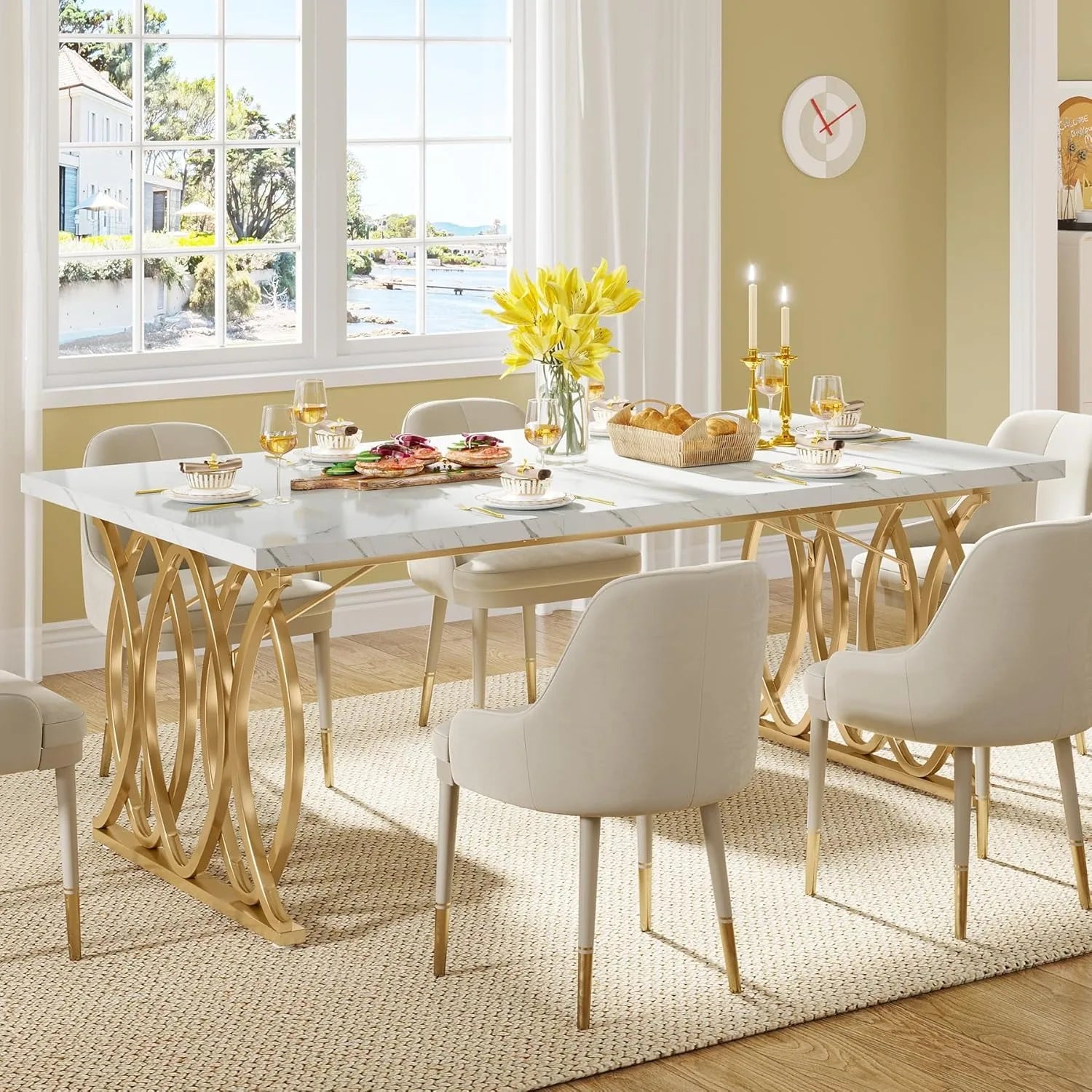 Modern Faux Marble Dining Table with Gold Geometric Legs