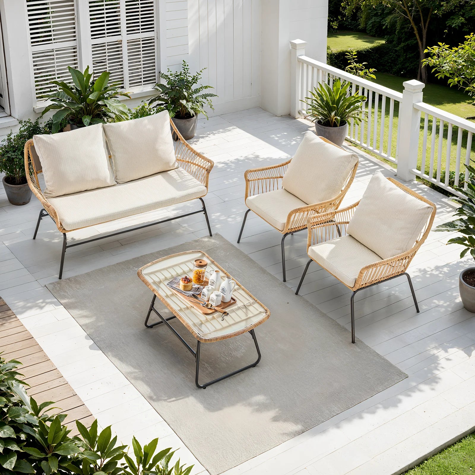 4 Piece Patio Wicker Loveseat Sets, & End Table, 2 Outdoor Rattan Chairs with Glass Top Table Boho Patio Furniture Set for Garde