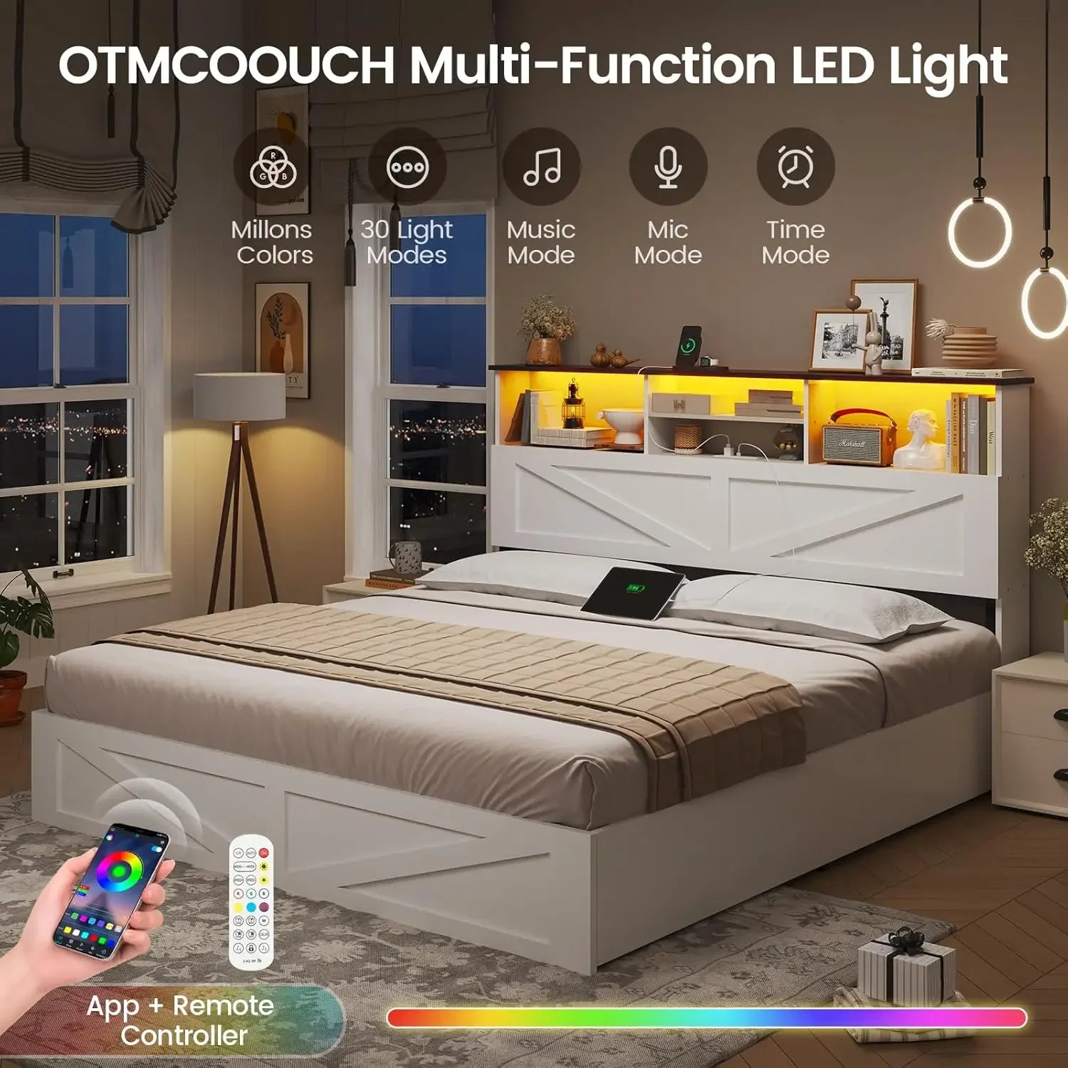 Farmhouse Queen Bed Frame with LED & 4 Drawers | White Storage Bed