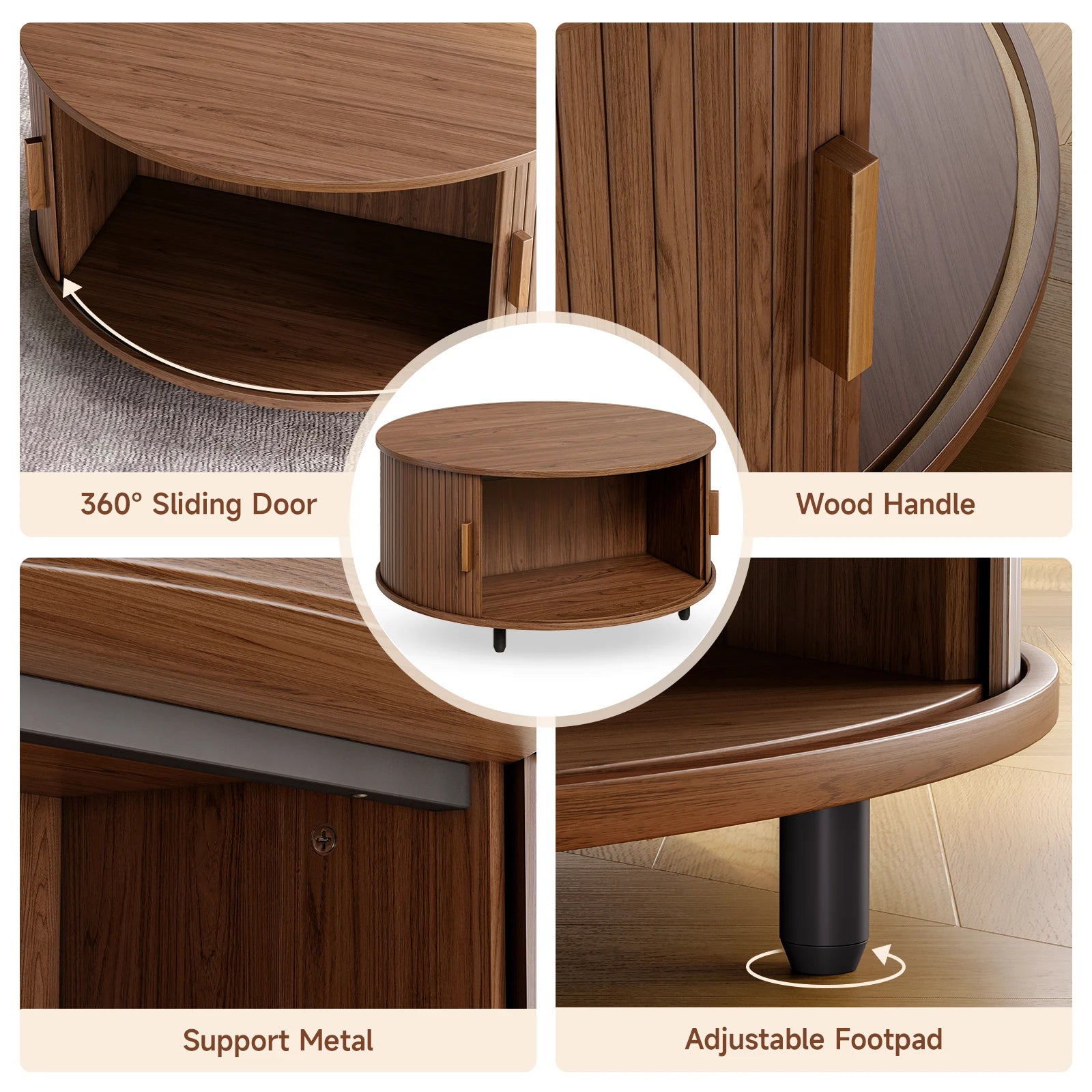 ONBRILL Modern Round Coffee Table with 360° Sliding Door