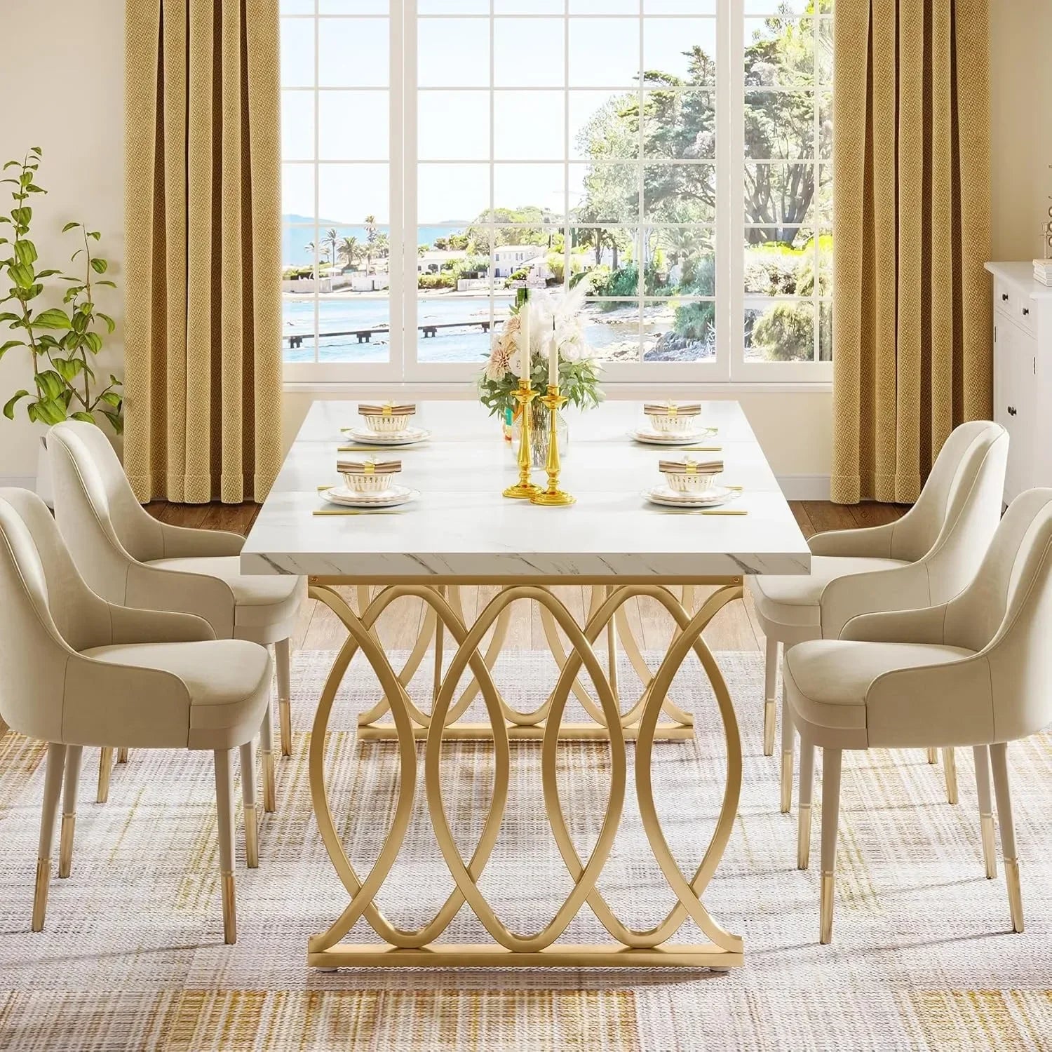 Modern Faux Marble Dining Table with Gold Geometric Legs